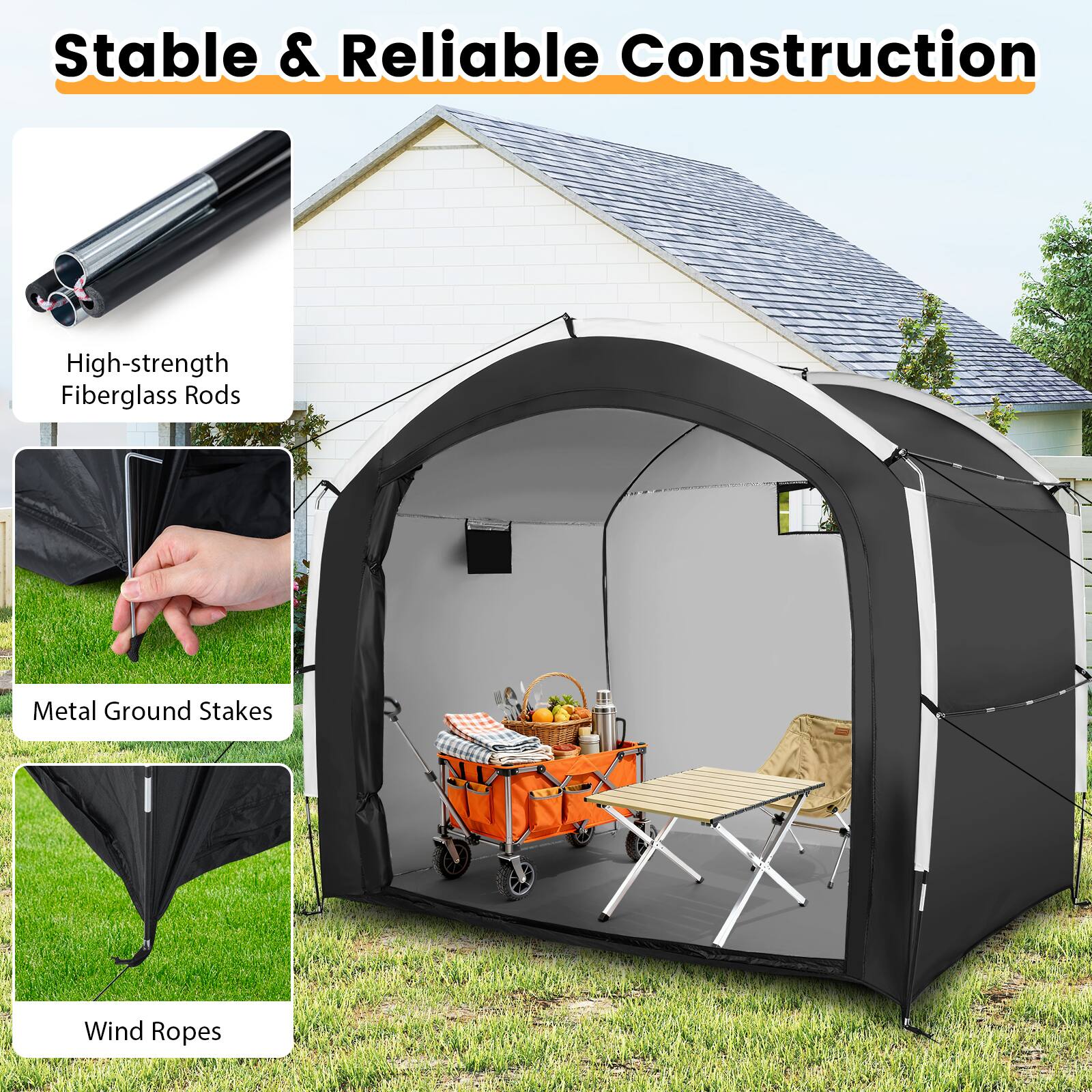 Stable & Reliable Construction

- High-strength Fiberglass Rods
- Metal Ground Stakes
- Wind Ropes