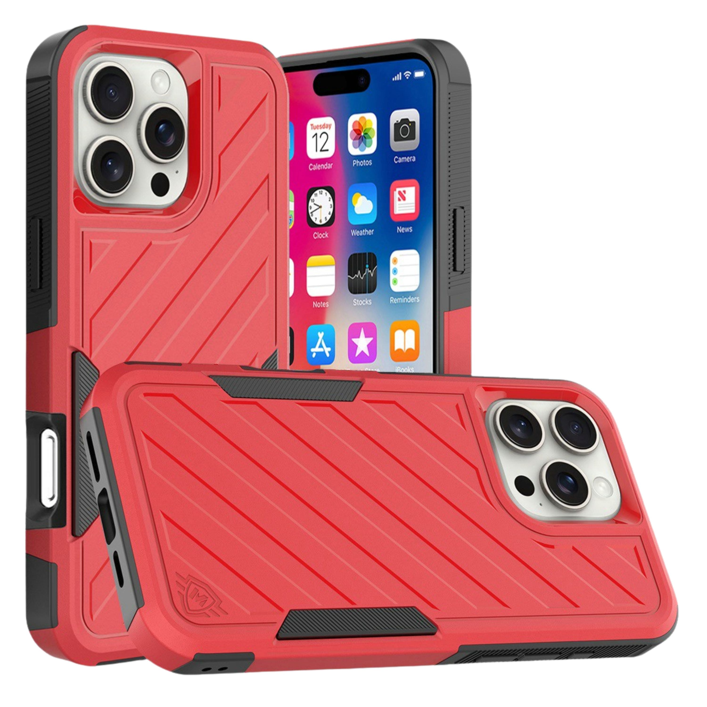 Kitcheniva - Shockproof Dual Layer Lined Phone Case With Tempered Glass For iPhone 16 Pro Red Black - Red/Black
