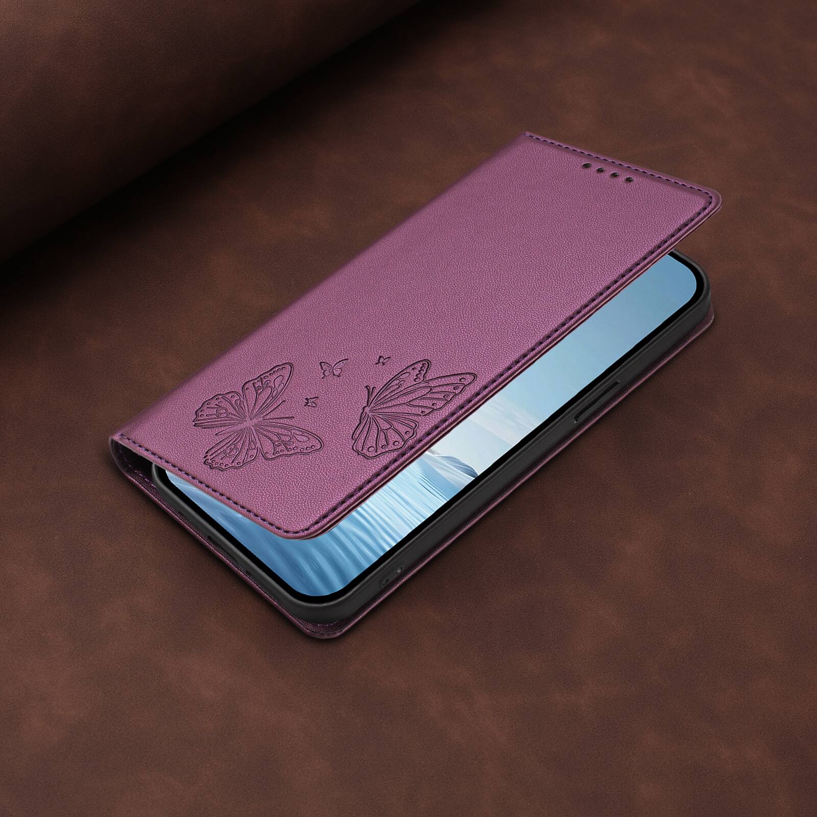 Alt View 8. Dteck - For Samsung Galaxy A37 5G Butterfly Embossed PU Leather RFID Blocking Flip Kickstand Wallet Case with Card Slots - Darkpurple.