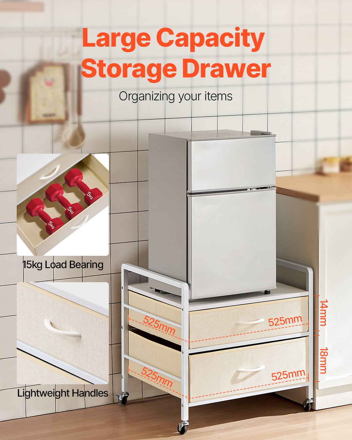 Large Capacity Storage Drawer, Organizing your items, 15kg Load Bearing, Lightweight Handles, 525mm, 525mm, 525mm, 14mm, 18mm, 525mm