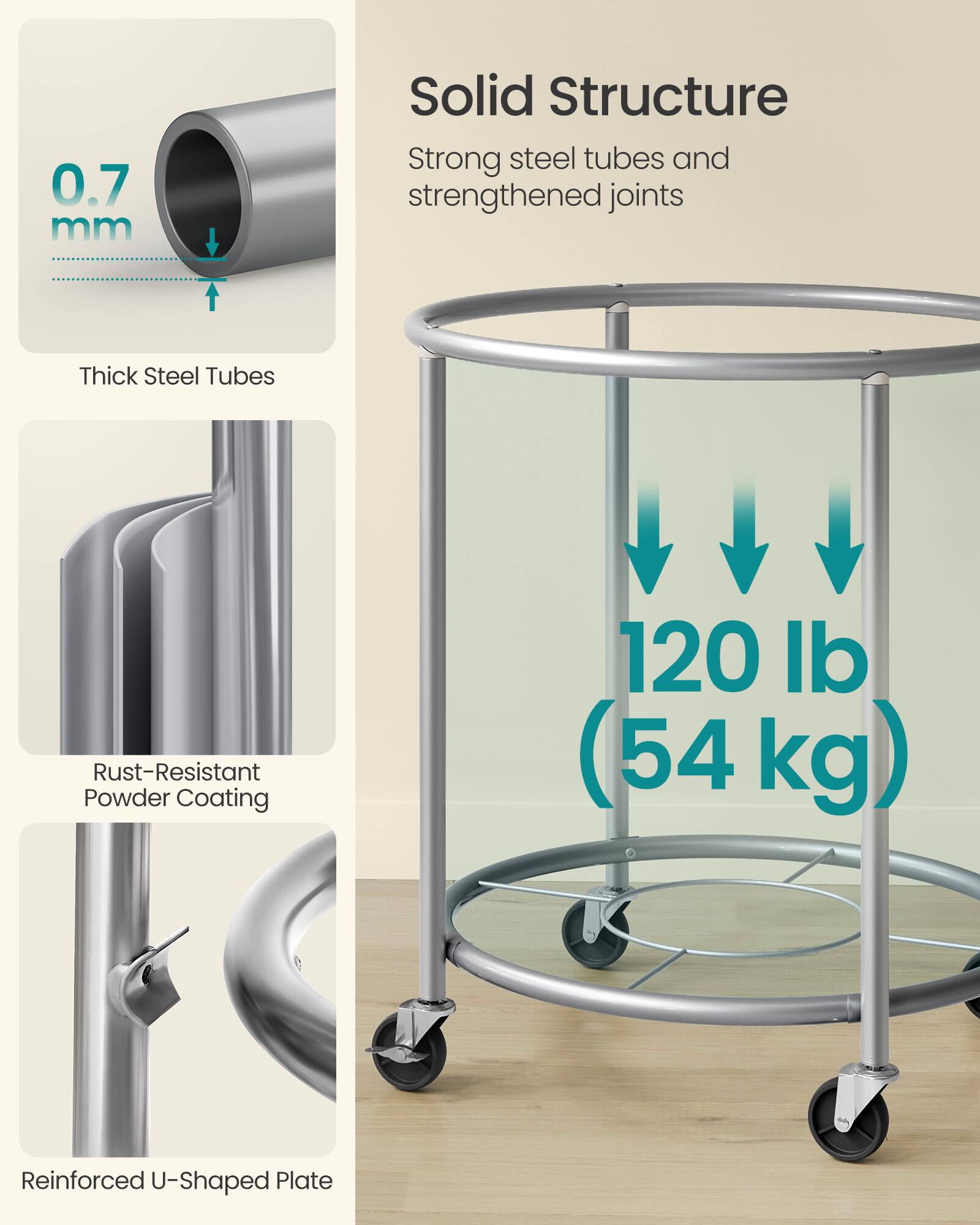 - 0.7 mm Solid Structure
- Strong steel tubes and strengthened joints
- Thick Steel Tubes
- Rust-Resistant Powder Coating
- 120 lb (54 kg)
- Reinforced U-Shaped Plate