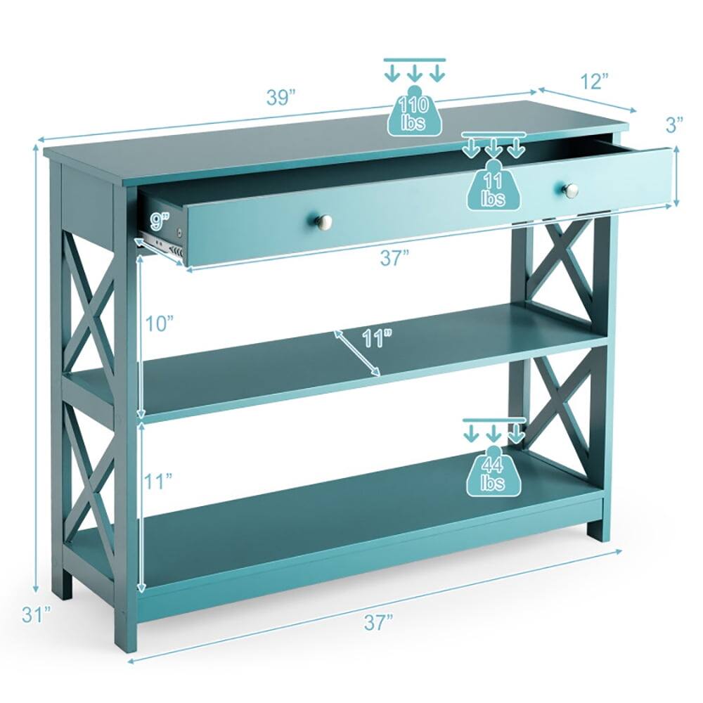 Kadyn Console Table 3 Tier with Drawer and Storage Shelves Turquoise ...