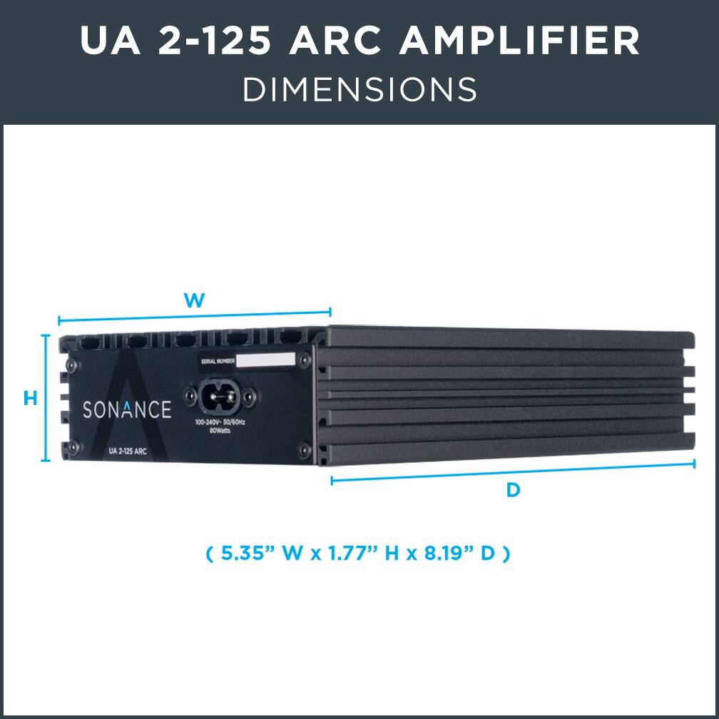 UA 2-125 ARC AMPLIFIER  
DIMENSIONS  

(5.35" W x 1.77" H x 8.19" D)