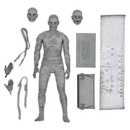 Front. NECA - Universal Monsters 7 Inch Scale Action Figure | The Mummy (Black & White) - Grey.