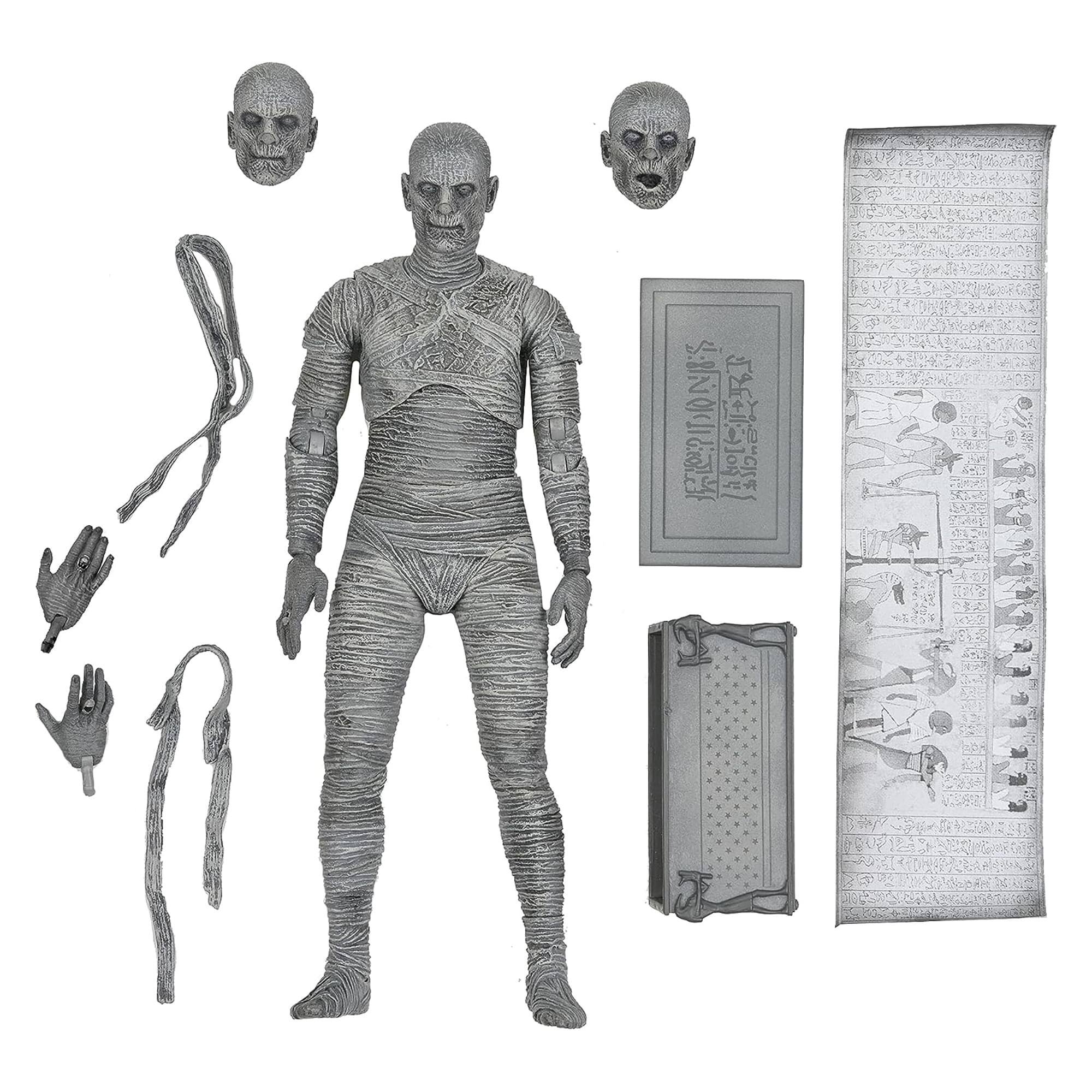 Front. NECA - Universal Monsters 7 Inch Scale Action Figure | The Mummy (Black & White) - Grey.