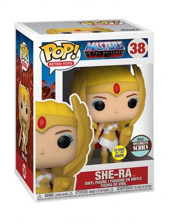 **POP! Retro Toys**

**Masters of the Universe 38**

**She-Ra**

**Specialty Series**

**Glow in the Dark**

**Vinyl Figure / Figurine en Vinyle / Figura de Vinil**

**Warning: Choking Hazard - Small parts. Not for children under 3 years.**

**Attention: Danger de suffocation - Petite pièce, ne convient pas aux enfants de moins de 3 ans.**

**Advertencia: Peligro de asfixia - Piezas pequeñas, no conviene para menores de 3 años.**