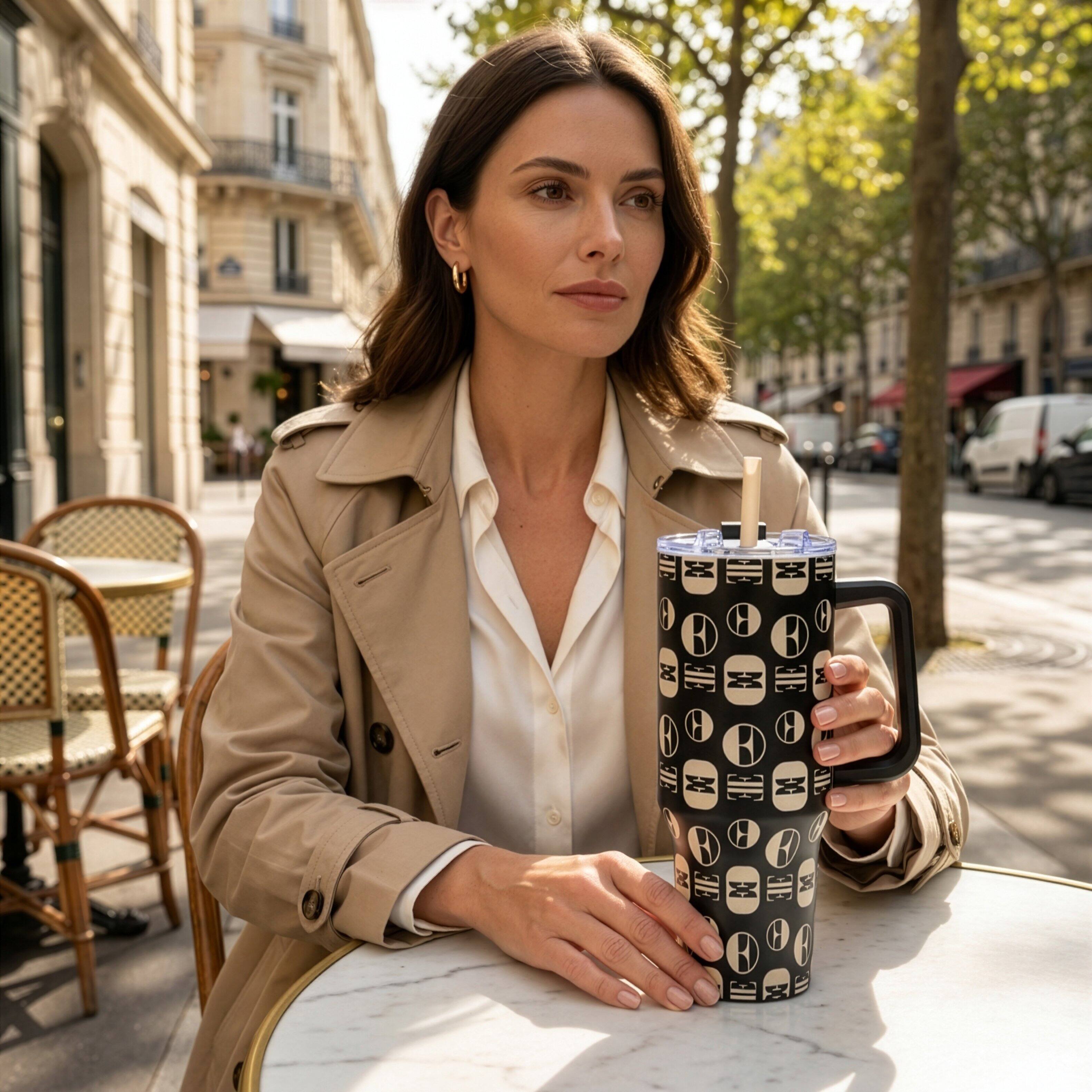 Angle. Elle - ELLE 40oz Beige Monogram Double Walled Insulated Stainless Steel Tumbler - Beige Monogram.