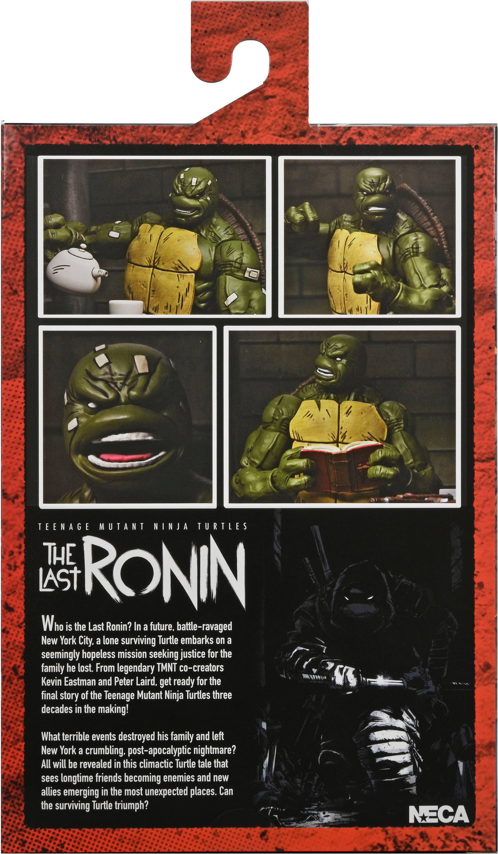 The text on the image is already grouped and correctly written. It reads:

"Teenage Mutant Ninja Turtles: The Last Ronin. Who is the Last Ronin? In a future, battle-ravaged New York City, a lone surviving Turtle embarks on a seemingly hopeless mission seeking justice for the family he lost. From legendary TMNT co-creators Kevin Eastman and Peter Laird. Get ready for the final story of the Teenage Mutant Ninja Turtles three decades in the making! What terrible events destroyed his family and left New York a crumbling, post-apocalyptic nightmare? All will be revealed in this climactic Turtle tale that sees longtime friends becoming enemies and new allies emerging in the most unexpected places. Can the surviving Turtle triumph? NECA."