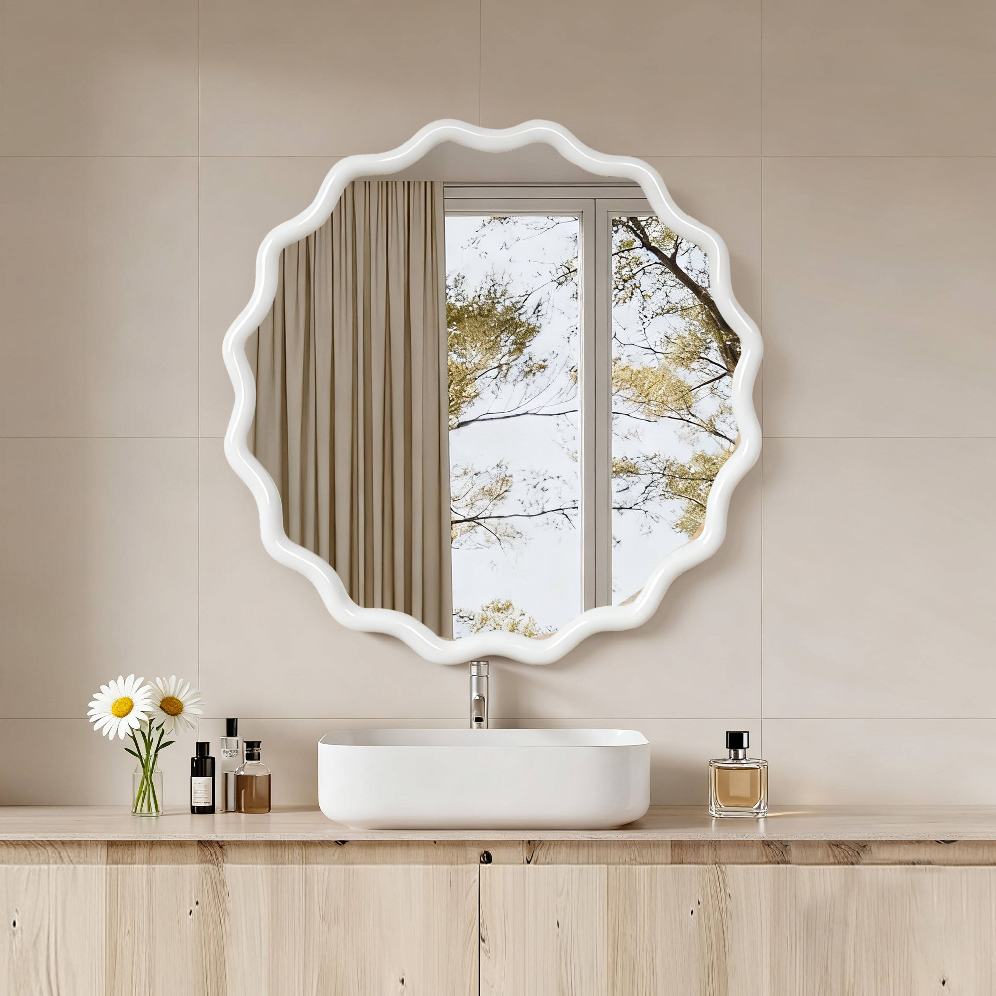 Left. MERAVOM - Round Wavy Wall Mirror, 30" Circle Boho Scalloped Mirror for Bedroom, Bathroom, Living Room, Entryway - White.
