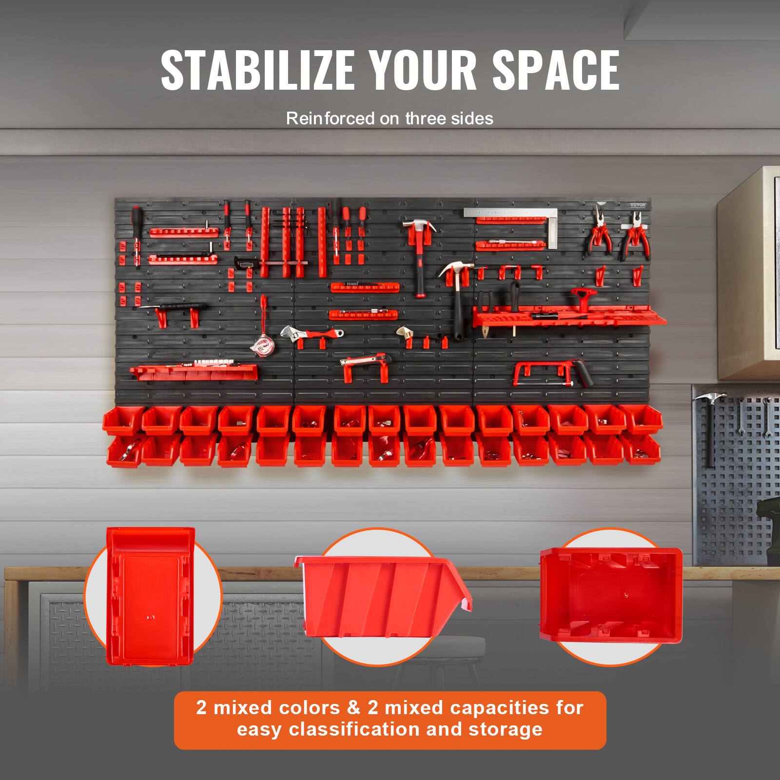 STABILIZE YOUR SPACE  
Reinforced on three sides  

2 mixed colors & 2 mixed capacities for easy classification and storage