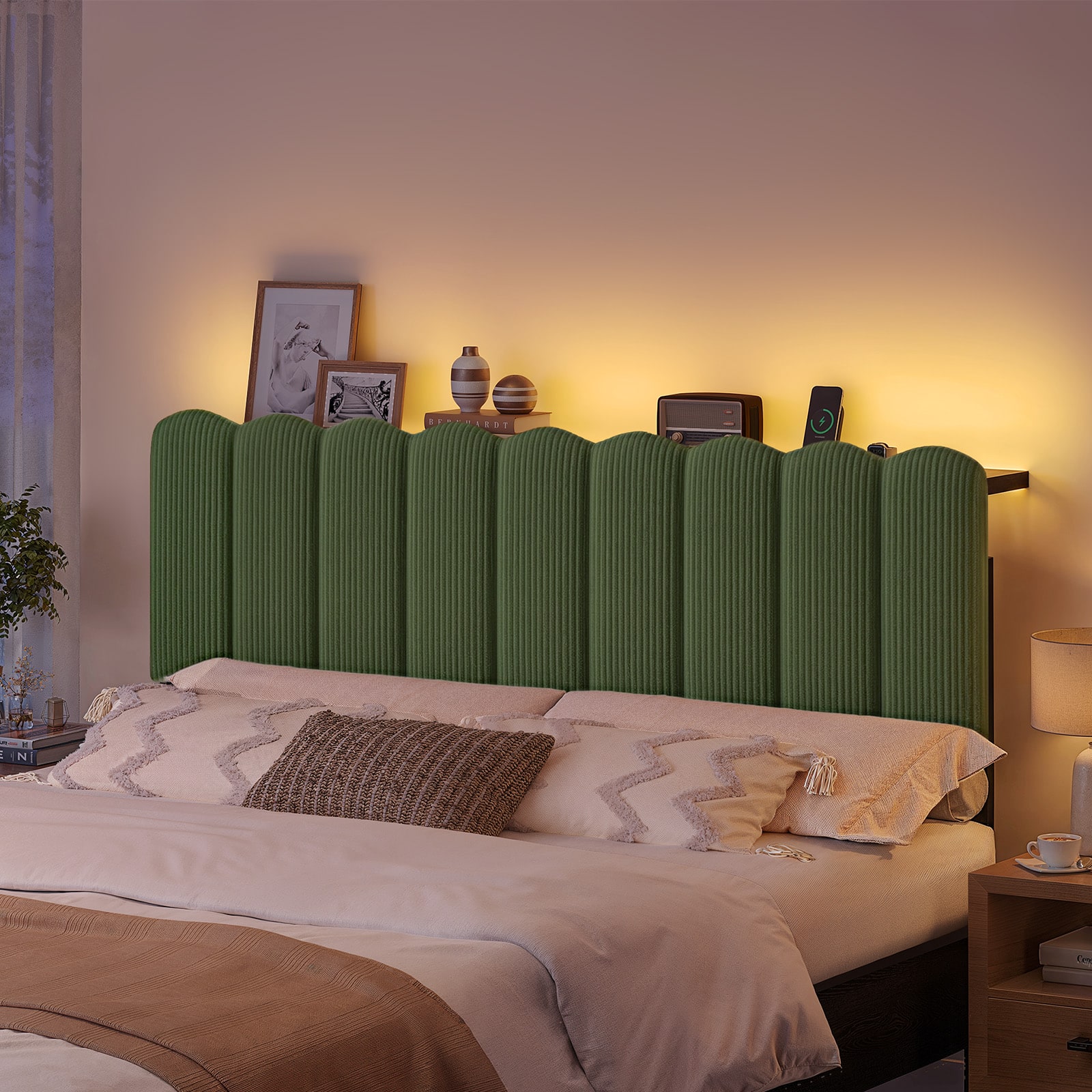 Pinmoco - Metal Upholstered Headboard Height Adjustable Headboard with LED Light, Charging Station - Green