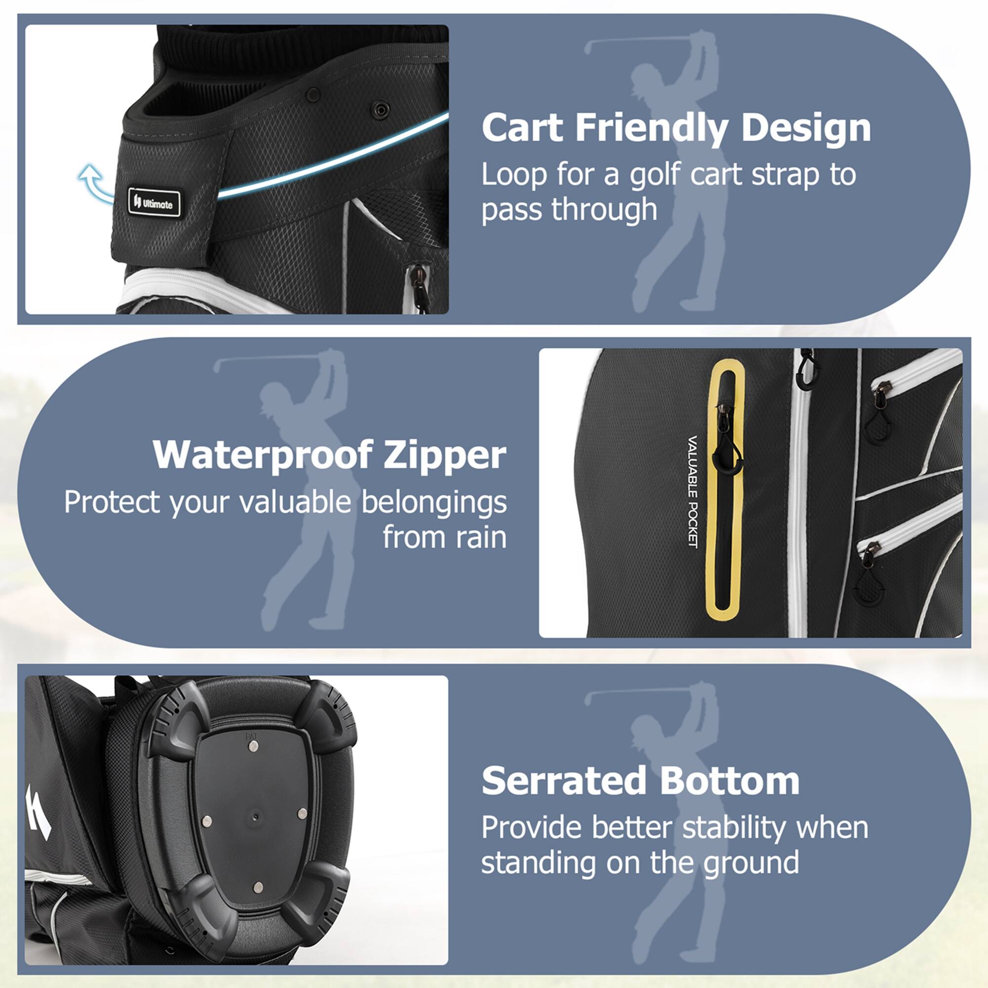 - **Cart Friendly Design**
  - Loop for a golf cart strap to pass through

- **Waterproof Zipper**
  - Protect your valuable belongings from rain

- **Serrated Bottom**
  - Provide better stability when standing on the ground