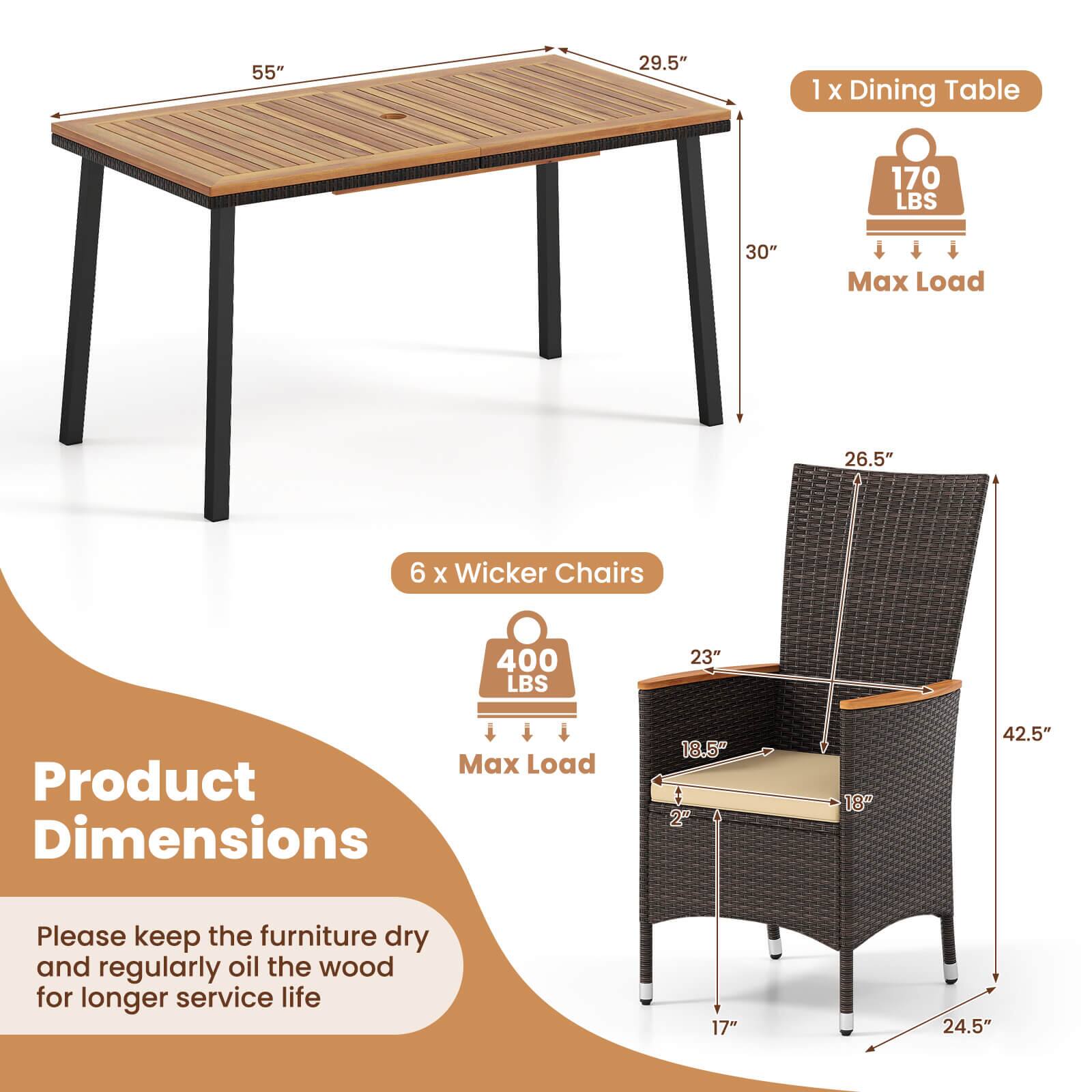 1 x Dining Table  
- 55" (length)  
- 29.5" (width)  
- 30" (height)  
- 170 LBS Max Load  

6 x Wicker Chairs  
- 26.5" (width)  
- 23" (seat height)  
- 18.5" (seat depth)  
- 42.5" (height)  
- 400 LBS Max Load  

Product Dimensions  
- 18.5" (depth)  
- 2" (seat thickness)  
- 17" (seat width)  
- 24.5" (armrest height)  

Please keep the furniture dry and regularly oil the wood for longer service life.
