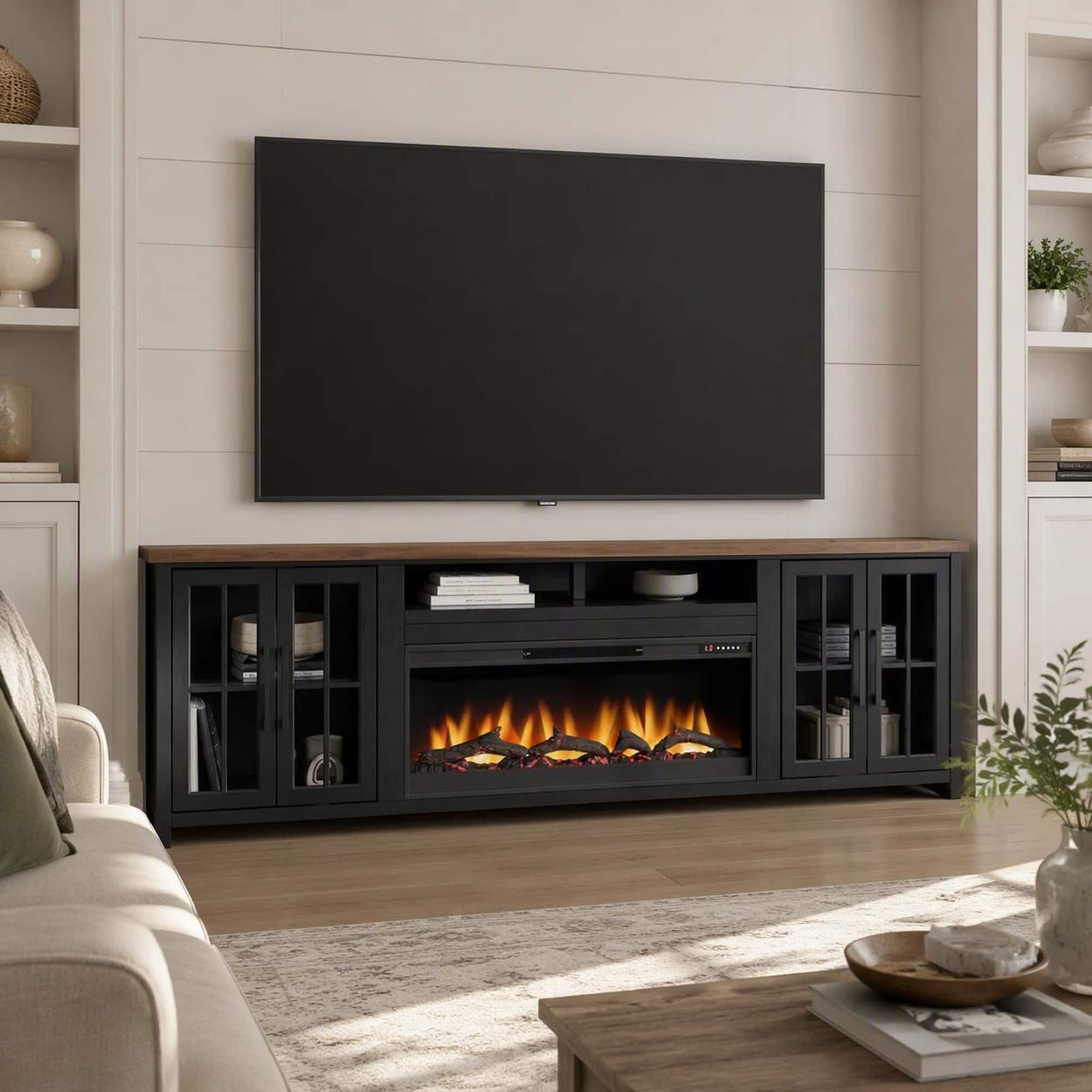 RYHNUYNE - 97 Inch Farmhouse Fireplace TV Stand, Fits Up To 100 Inch TVs For Spacious Living Room Media Storage Decor - Black