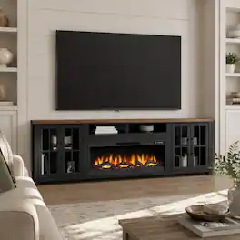 RYHNUYNE - 97 Inch Farmhouse Fireplace TV Stand, Fits Up To 100 Inch TVs For Spacious Living Room Media Storage Decor - Black
