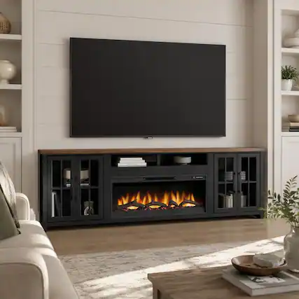 Front. RYHNUYNE - 97 Inch Farmhouse Fireplace TV Stand, Fits Up To 100 Inch TVs For Spacious Living Room Media Storage Decor - Black.