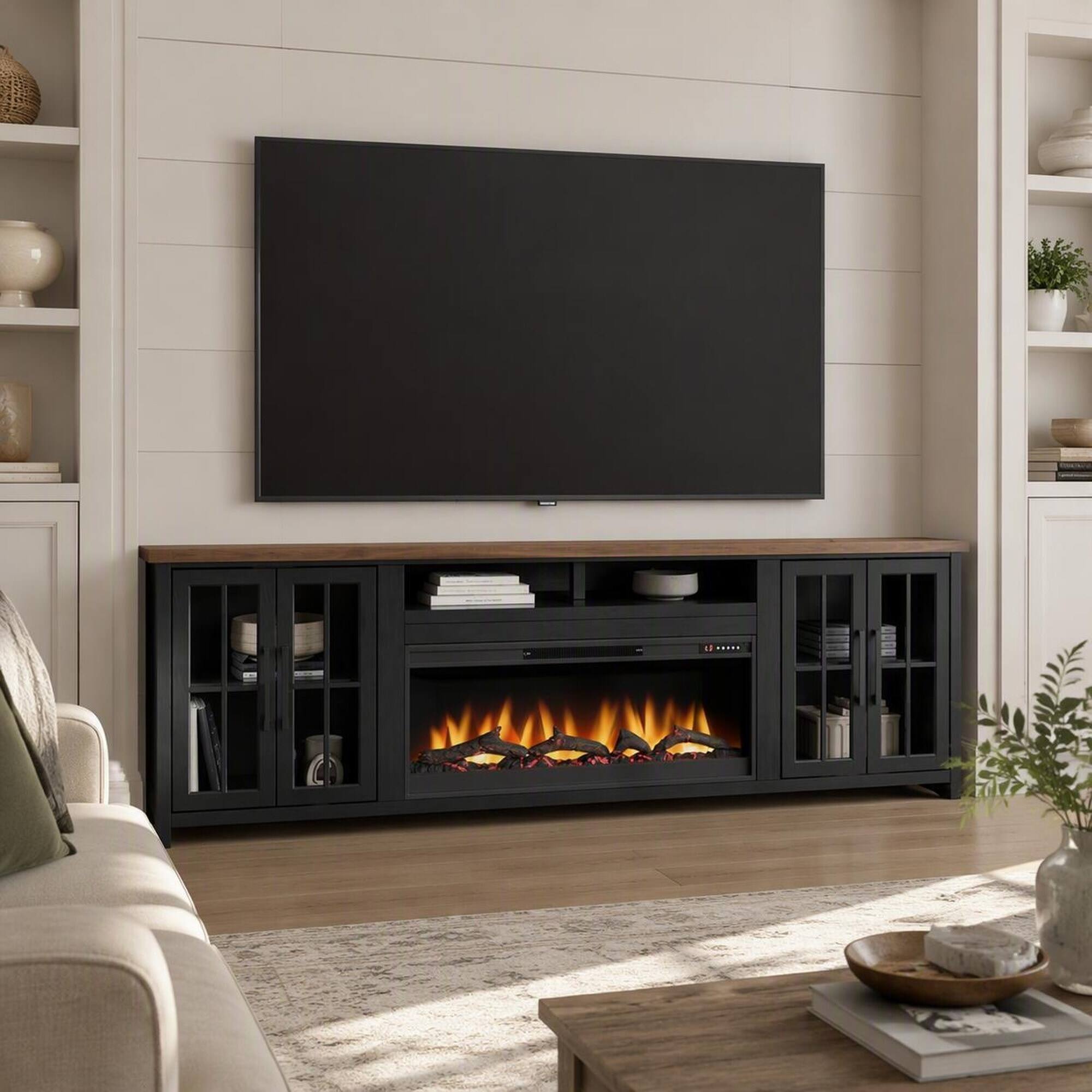 Front. RYHNUYNE - 97 Inch Farmhouse Fireplace TV Stand, Fits Up To 100 Inch TVs For Spacious Living Room Media Storage Decor - Black.