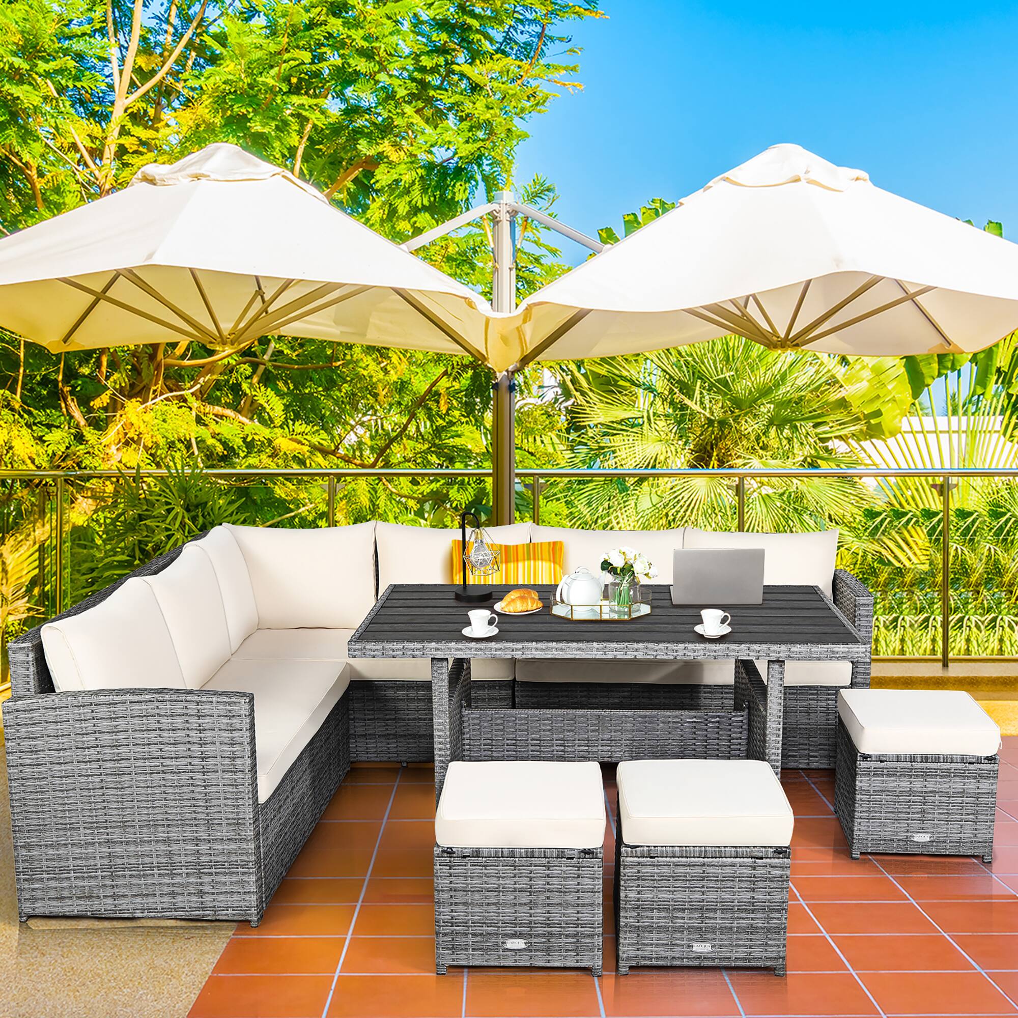 Alt View 3. Costway - 7 PCS Patio Rattan Dining Set Sectional Sofa Couch Ottoman Garden - White.