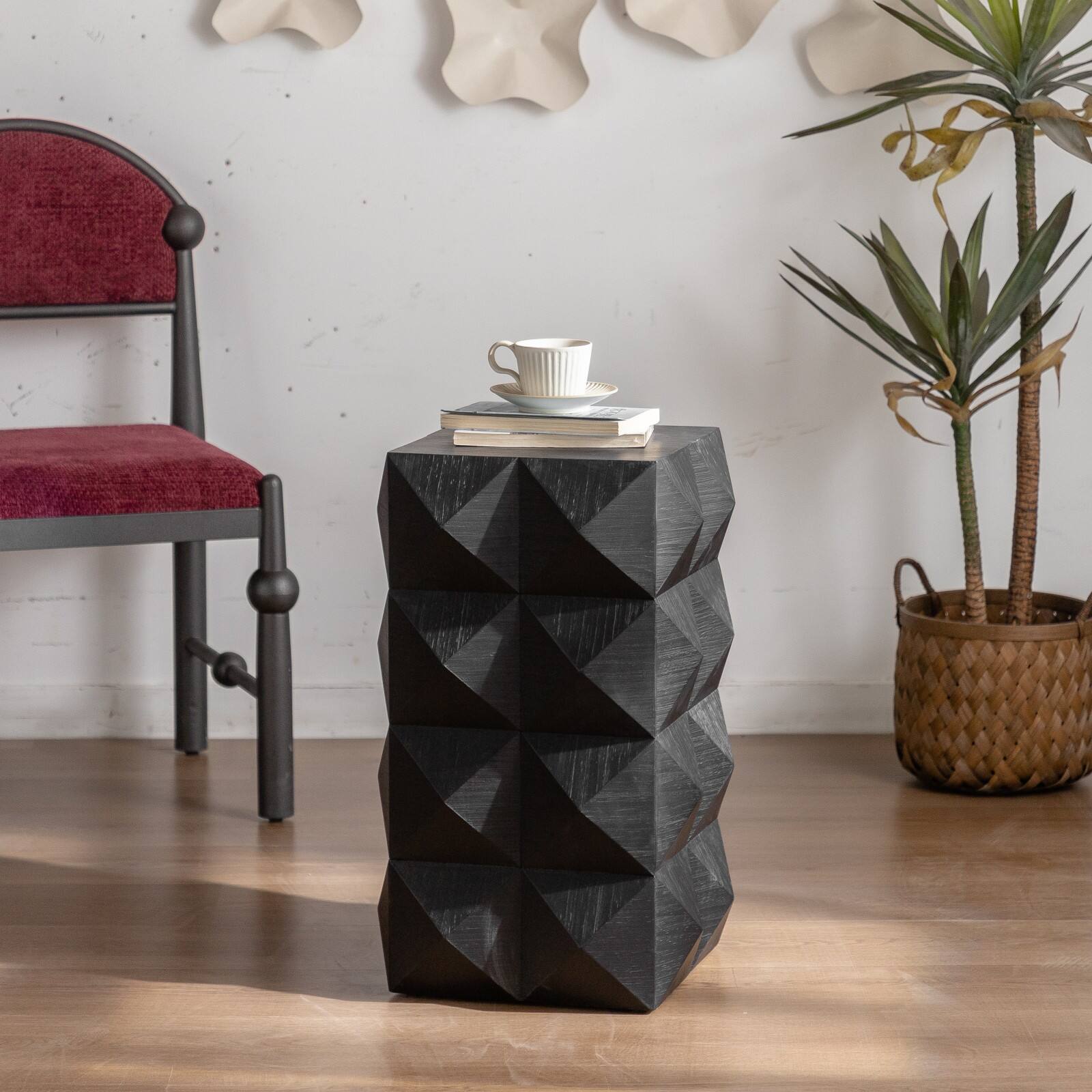 Alt View 1. Ecooso - 23.62"Height Three-dimensional Embossed Pattern Design Retro Side Table Retro Wooden Nightstand - Black.