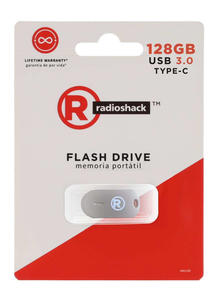 8 LIFETIME WARRANTY* garantia de por vida*  
128GB USB 3.0 TYPE-C  
radioshack™  
FLASH DRIVE  
memoria portátil  
4401195