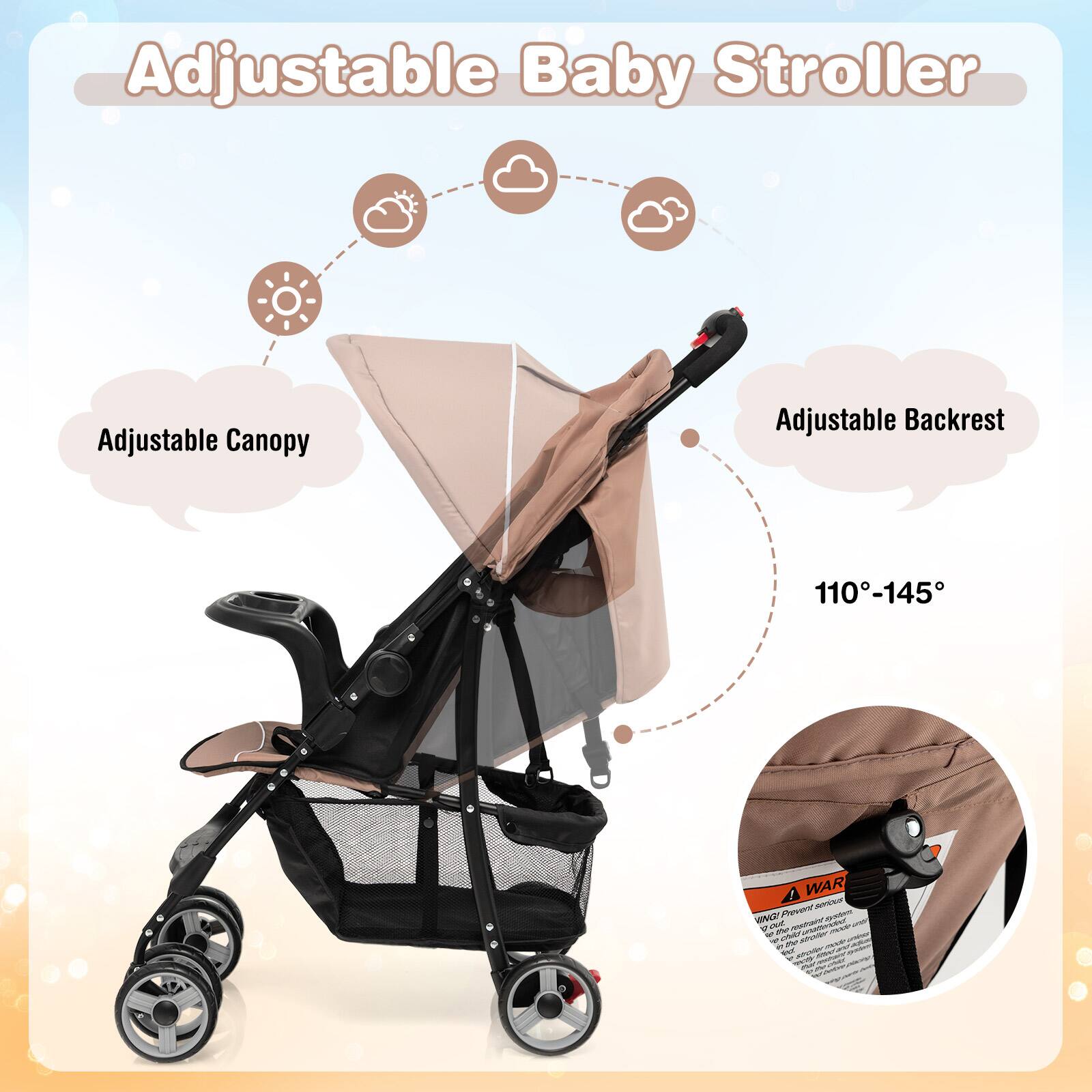 Adjustable Baby Stroller
Adjustable Canopy
Adjustable Backrest
110-145