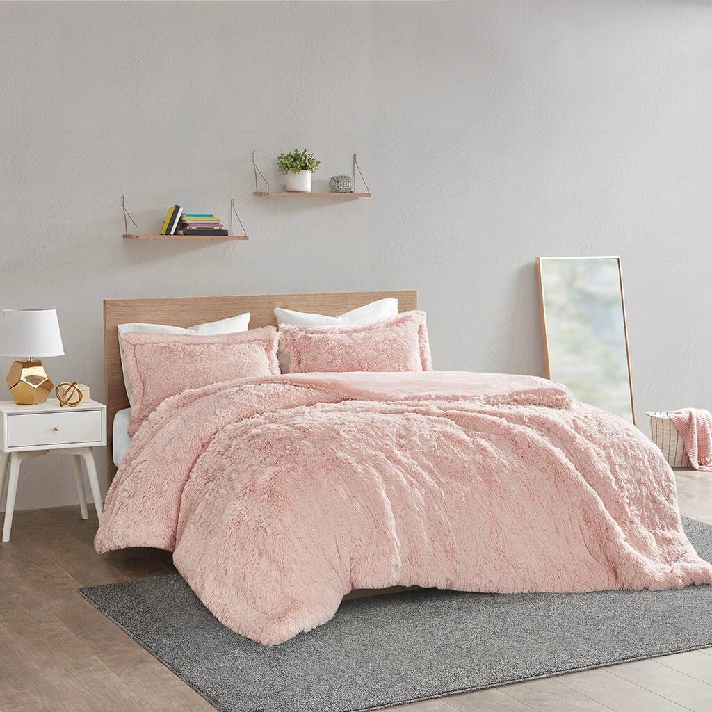 Alt View 1. Gracie Mills - Gracie Mills Susie Solid Shaggy Long Fur Duvet Cover Set - Blush.