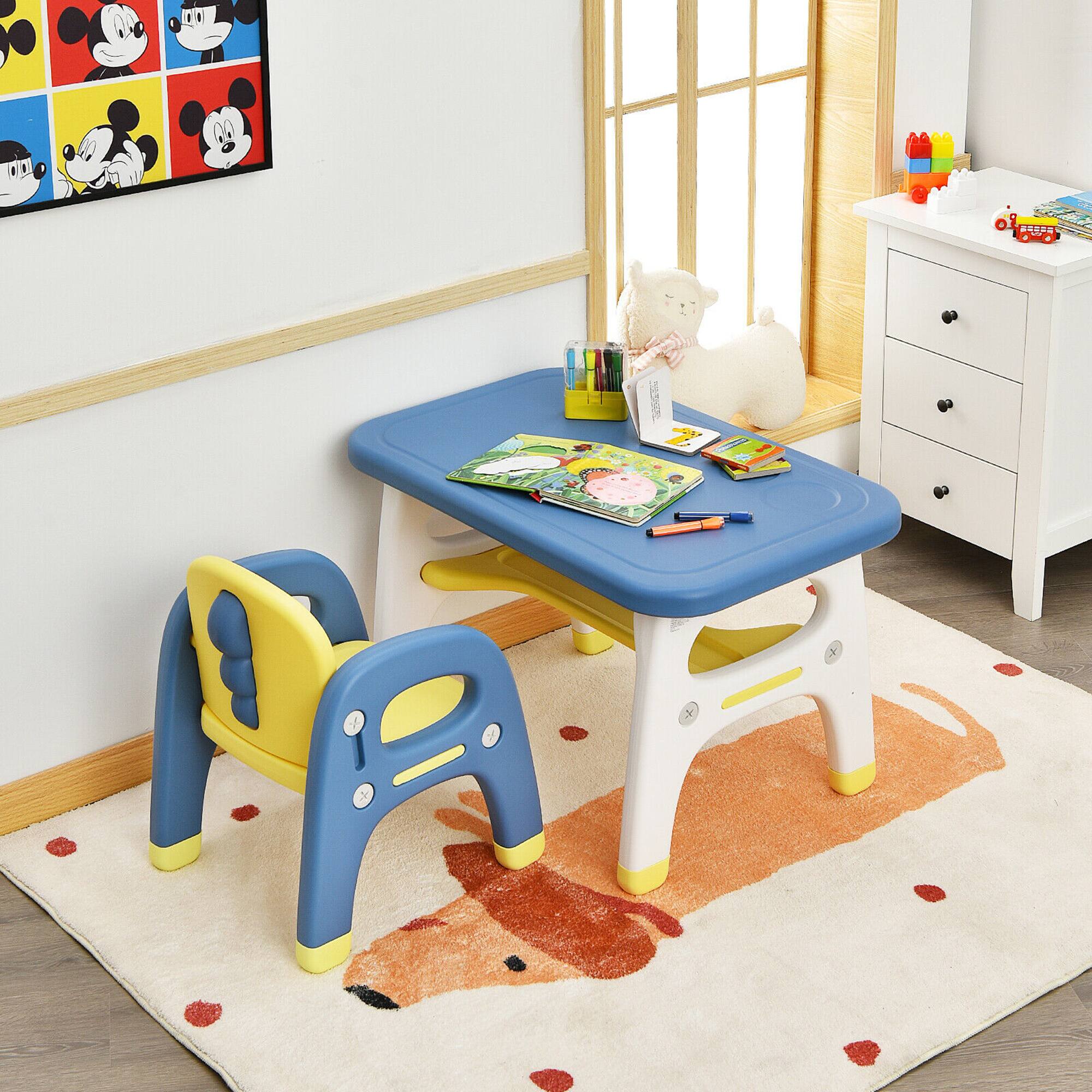 Alt View 2. Gymax - Gymax Kids Dinosaur Table and Chair Set Activity Study Desk w/ Building Blocks - Blue,Yellow.