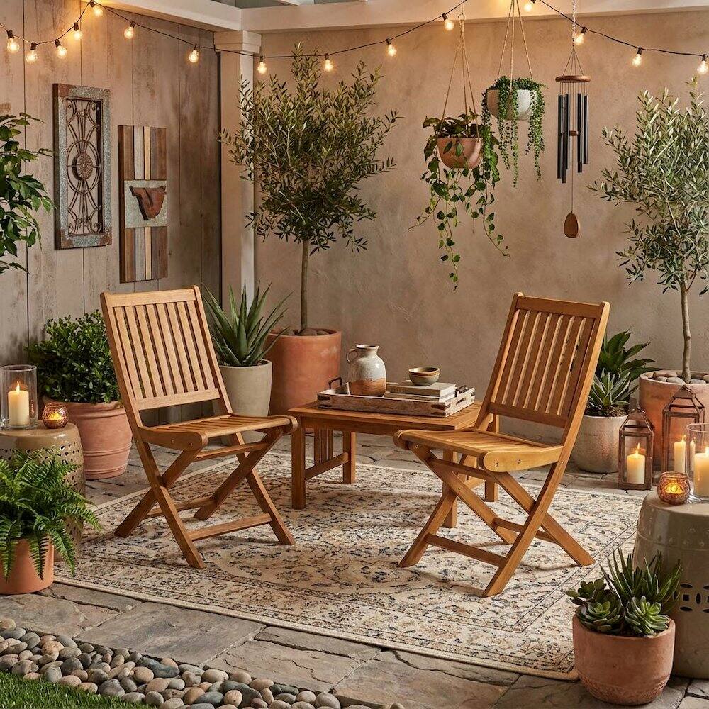 Alt View 1. Outdoor Escape - Outdoor Dining Chairs Oil Finish Set of 2 Slatted Back Wood Seats - Natural Oil.
