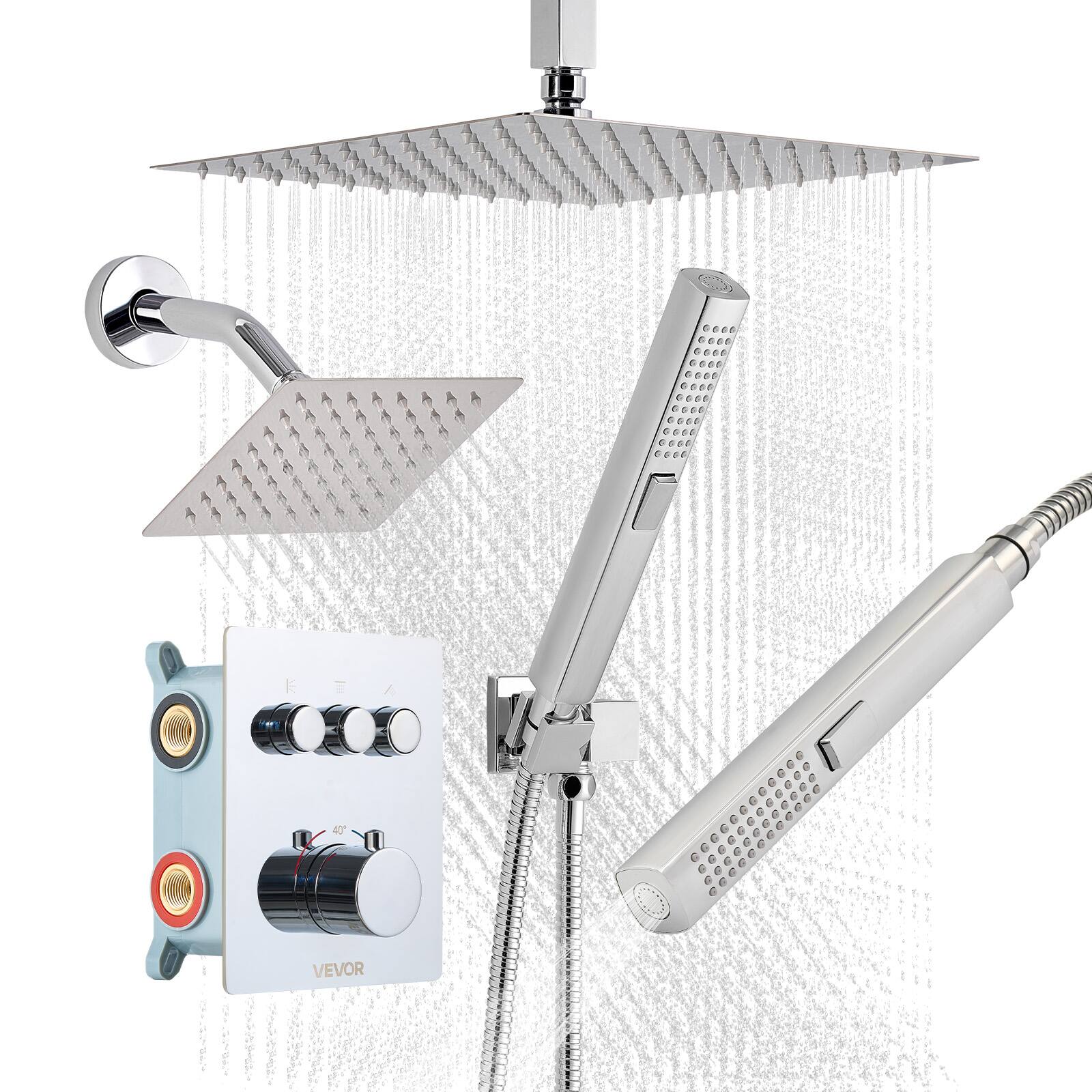 Front. VEVOR - Shower Faucet Set, 12Inch Thermostatic Ceiling Mount Rainfall Shower System with 6 Inch Wall Mount Head and 2 in 1 Spray - Chrome.