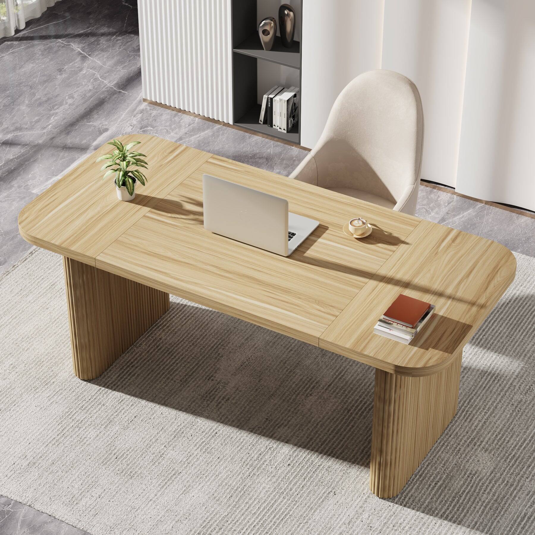 Angle. Tribesigns - Office Executive Desk with Engineered Wood Construction, Rectangular Top, for Computer Work and Writing in Home Offices - Light Brown.