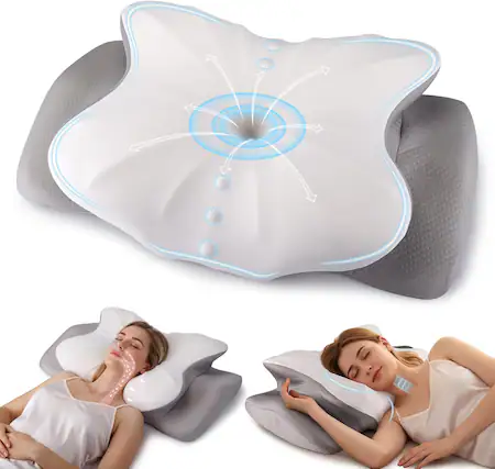 Front. FINEAK - Ergonomic Memory Foam Cervical Neck Pillow for Pain Relief & Support - White Grey.