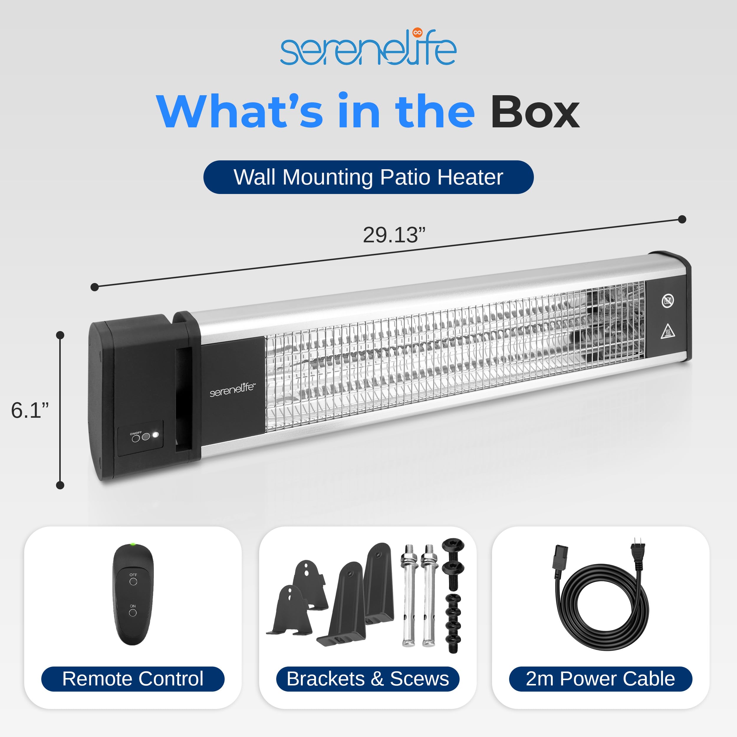 serenelife What's in the Box Wall Mounting Patio Heater 29.13" 6.1" sitlienanee - O Remote Control Brackets & Screws 2m Power Cable