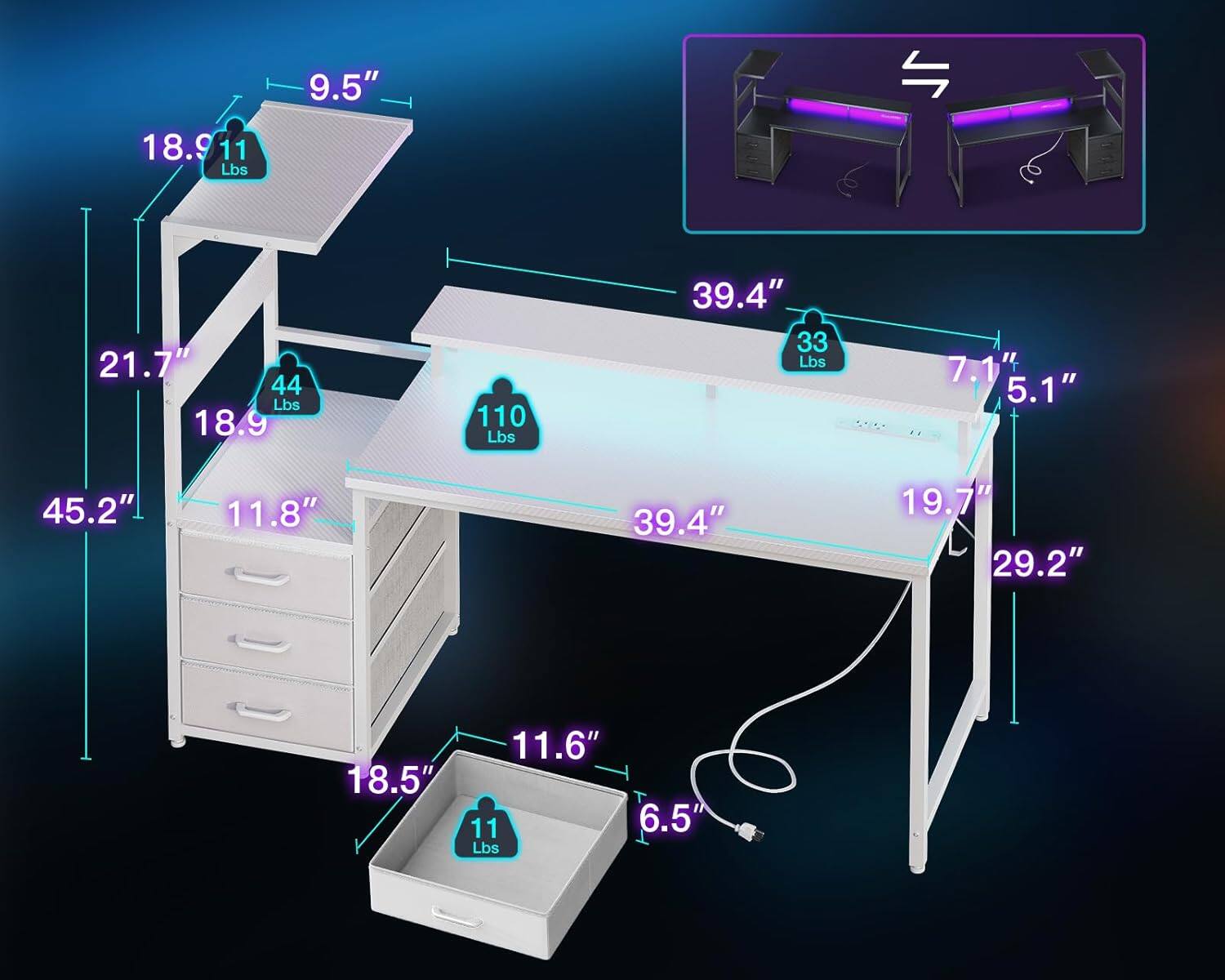 9.5"  
18.9" x 11" (11 Lbs)  
21.7"  
44 Lbs  
39.4" x 110 Lbs  
7.1" x 5.1"  
45.2"  
11.8"  
39.4"  
19.7"  
29.2"  
18.5" x 11.6" (6.5 Lbs)