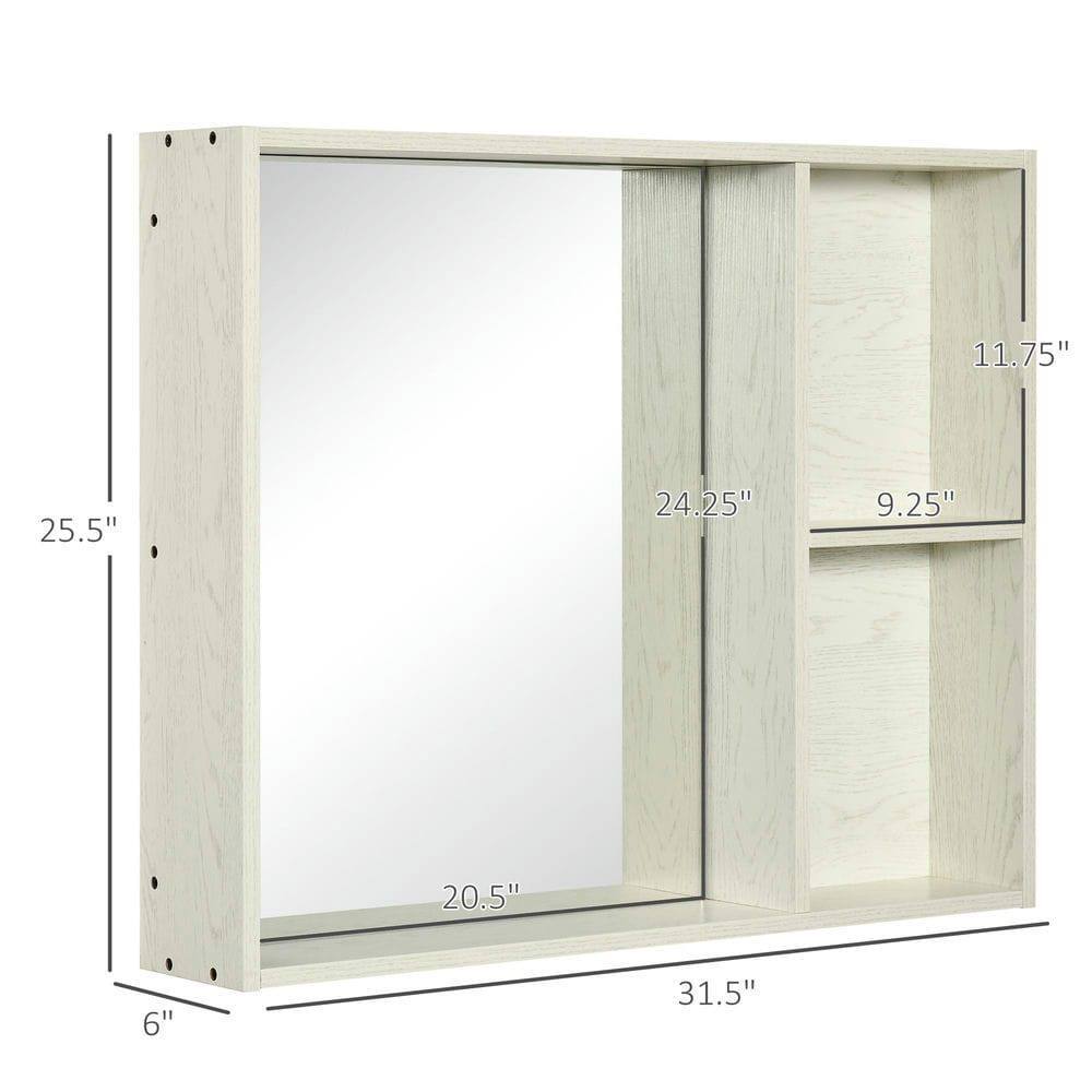 - Height: 25.5"
- Width: 31.5"
- Depth: 6"
- Mirror: 24.25" x 20.5"
- Shelf: 9.25" x 11.75"