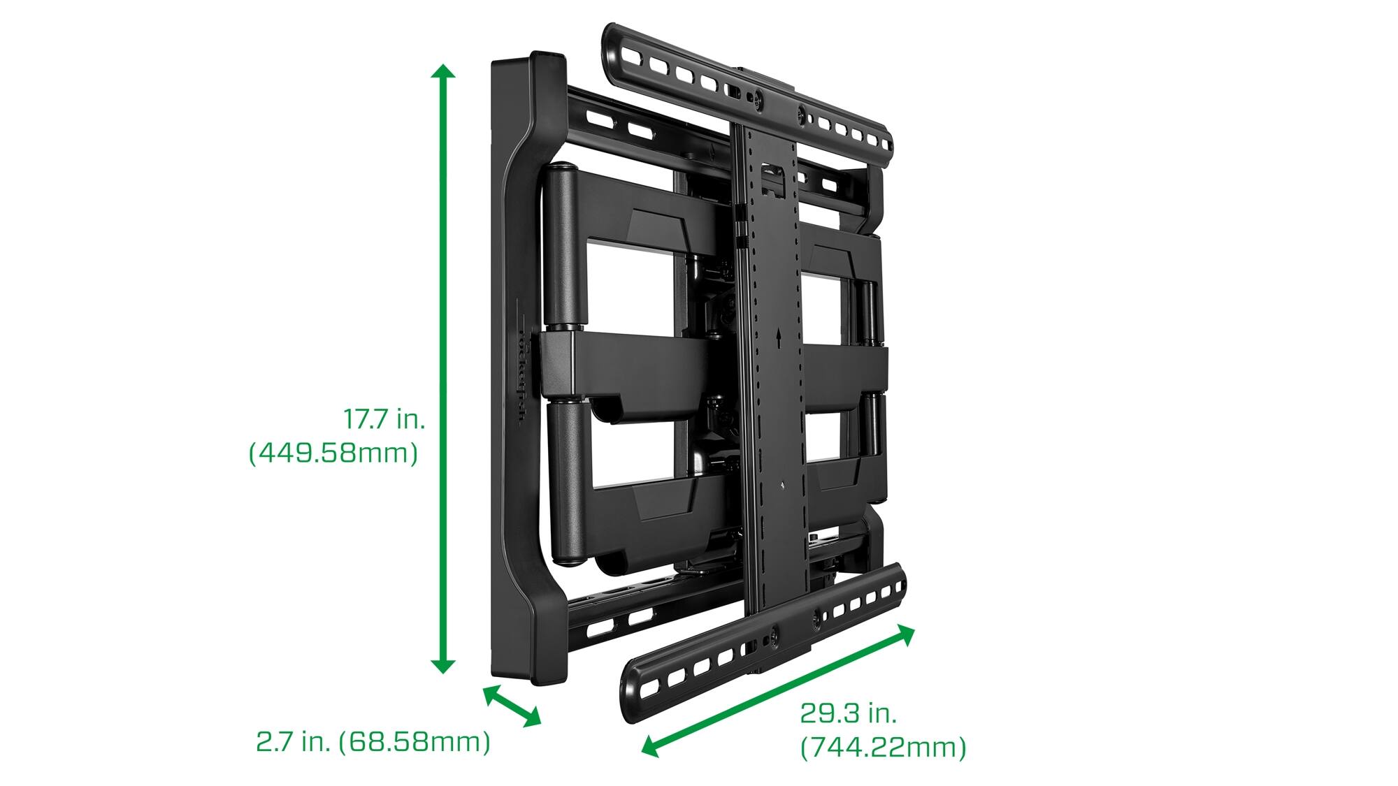 The image shows a black TV stand with dimensions of 17.7 inches (449.58mm) in height, 2.7 inches (68.58mm) in width, and 29.3 inches (744.22mm) in depth.