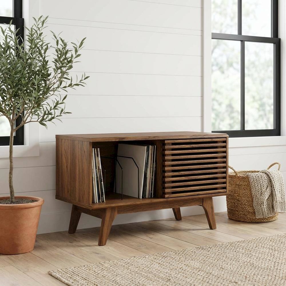 Angle. FurniFact - Wood vinyl record display stand in warm brown finish with spacious shelf - Brown.