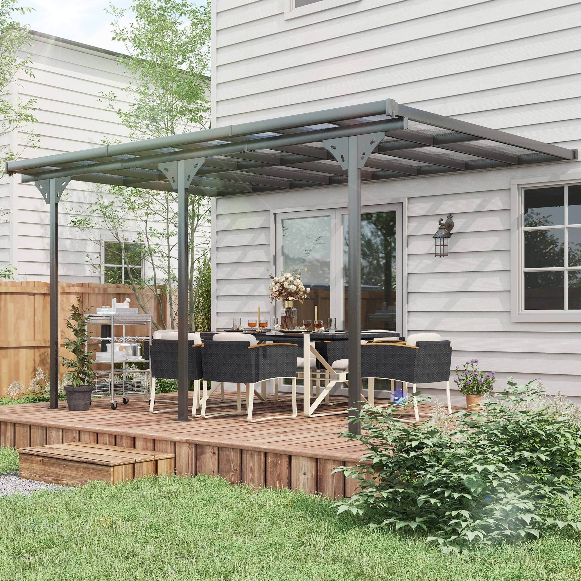 Angle. Outsunny - 14.5' x 10' Outdoor Polycarbonate Pergola, Transparent UV Blocking Awning, Hardtop Deck Gazebo - Grey.