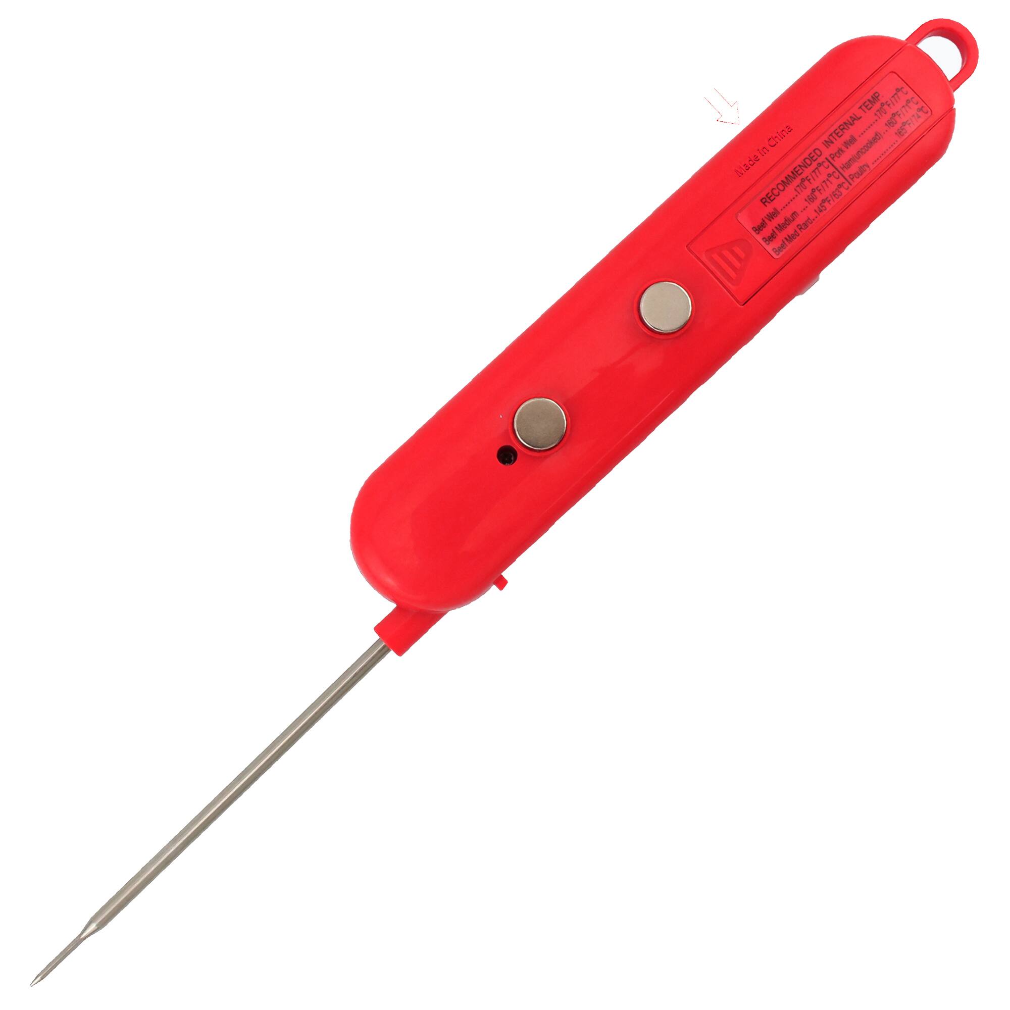 The image features a red tool with a metal tip, which is a red pen-like device. The tool is designed for cooking purposes, specifically for cooking poultry. The tool is made in China and is recommended for medium rare cooking. The image also includes a warning to not use the tool for any other purpose than cooking.