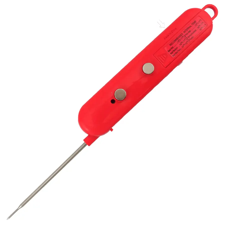 The image features a red tool with a metal tip, which is a red pen-like device. The tool is designed for cooking purposes, specifically for cooking poultry. The tool is made in China and is recommended for medium rare cooking. The image also includes a warning to not use the tool for any other purpose than cooking.
