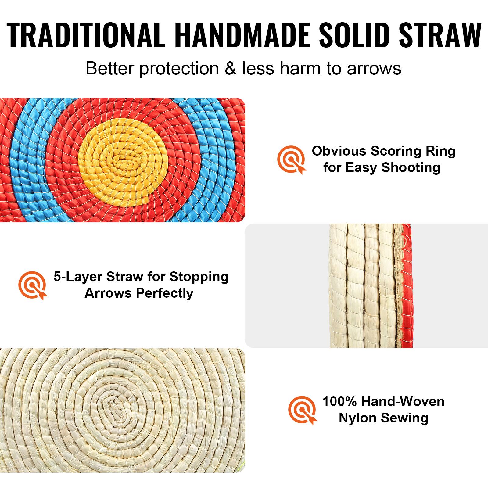 TRADITIONAL HANDMADE SOLID STRAW  
Better protection & less harm to arrows  

- Obvious Scoring Ring for Easy Shooting  
- 5-Layer Straw for Stopping Arrows Perfectly  
- 100% Hand-Woven Nylon Sewing