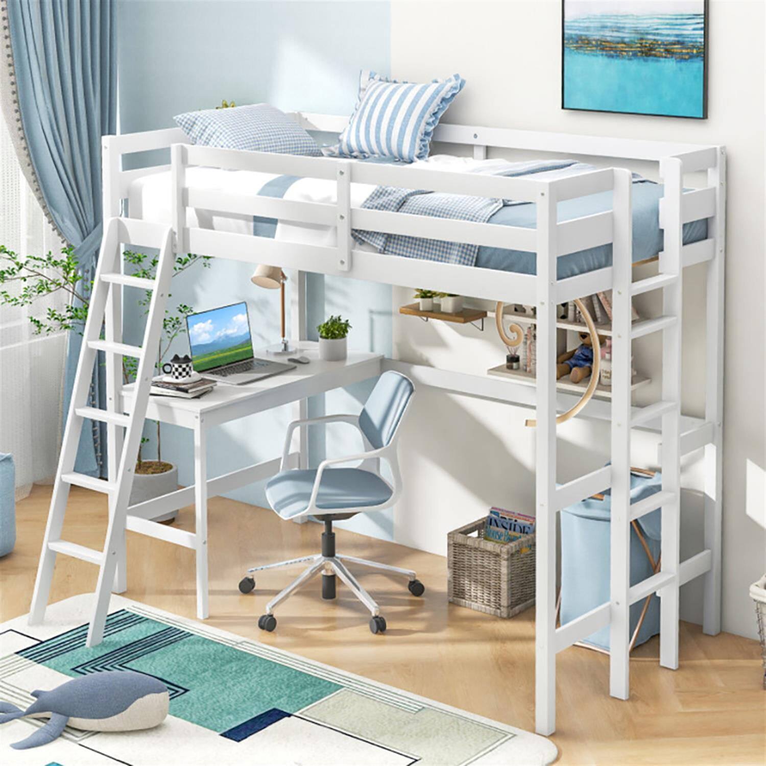 Alt View 5. Pefilos - Loft Bed Twin Size, Solid Wood Loft Bed with Desk Angled and Built-in Ladder, Modern Wooden Playhouse Bed Frame, White - White.
