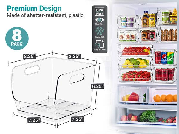 Premium Design Made of shatter-resistant, plastic.  
8 PACK  
8.25" x 8.25"  
BPA FREE  
Clear View  
Fridge Safe  
Easy to Clean  

Dimensions:  
6.25" x 7.25" x 7.25"