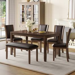 LUCKY ONE - 6-Piece Farmhouse Dining Set with 58.5" Rectangular Dining Table, Bench and 4 Upholstered Chairs - Dark Walnut