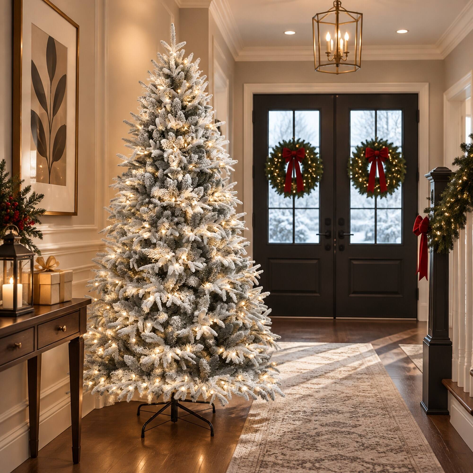 Alt View 2. RYHNUYNE - Pre-Lit Flocked Artificial Christmas Tree With Snow-Dusted Realistic Tips and Easy Setup - White+Green.