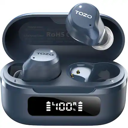 TOZO Headphones Model Name NC9 Battery:55mAh/3.7V
Charging Case RoHS C Model No.: T11124 Battery 500mAh/3.7V/1.0
SN:11124B2B4G000001 Output - 5V 5V:55mA-2
TOZO R R =4007 %