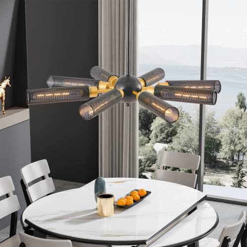 Alt View 2. LUCKY ONE - 34in Hanging Industrial Sputnik Chandelier, 8-Light Black Gold Pendant for Dining Room Kitchen - Black.