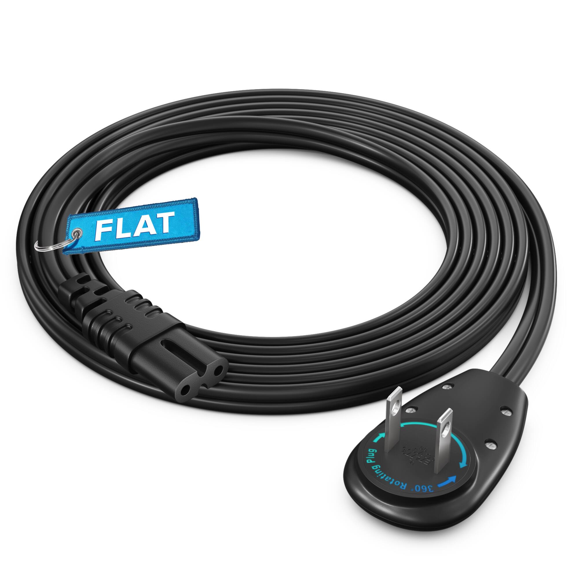 Maximm - 2-Prong TV Power Cord 6ft, 360° Rotating Flat Plug, UL Certified, Non-Polarized - Black