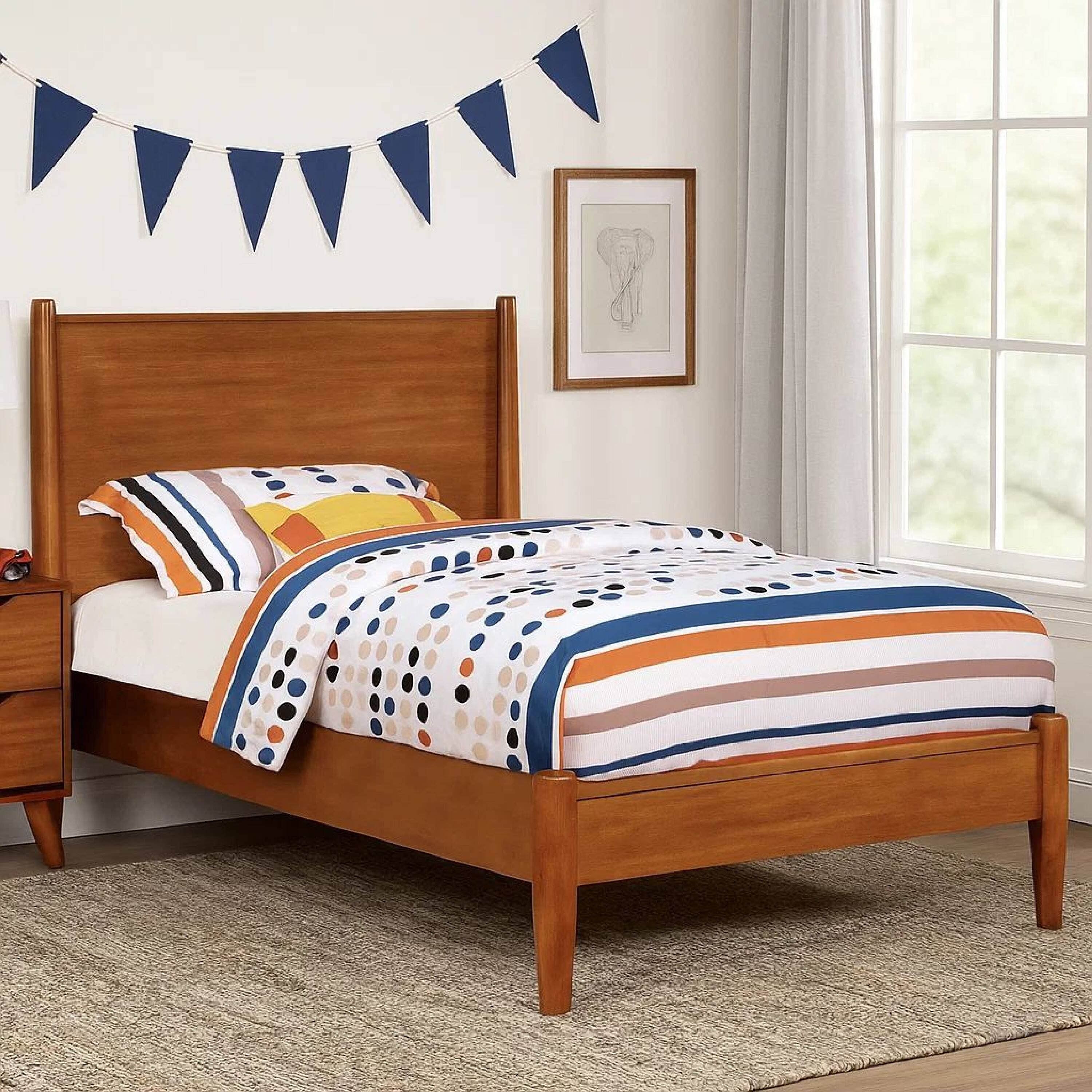 Alt View 6. Manhattan Lane - Wooden Transitional Twin Bed With Round Tapered Legs, Oak Brown - Brown.