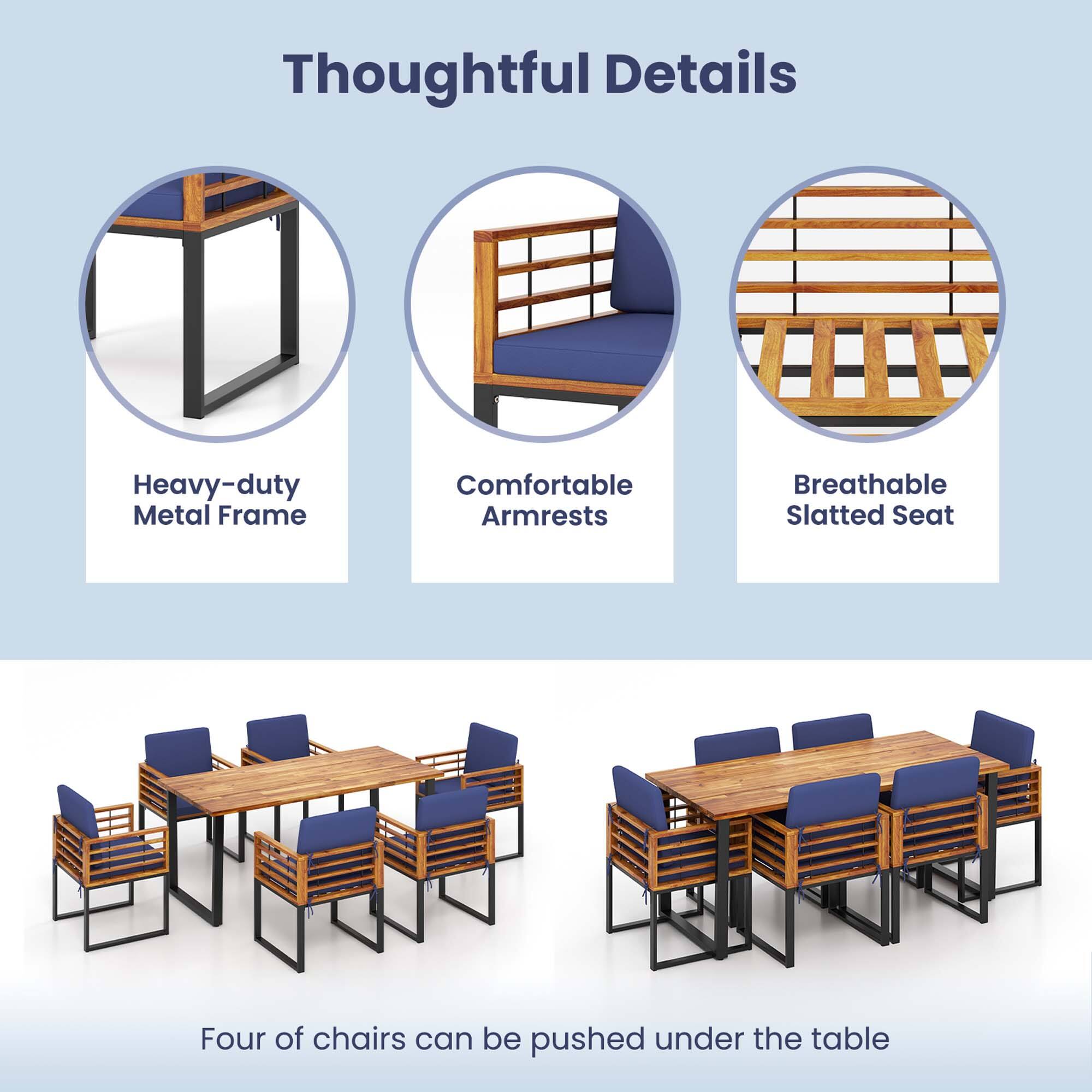 Thoughtful Details

- Heavy-duty Metal Frame
- Comfortable Armrests
- Breathable Slatted Seat

Four of chairs can be pushed under the table
