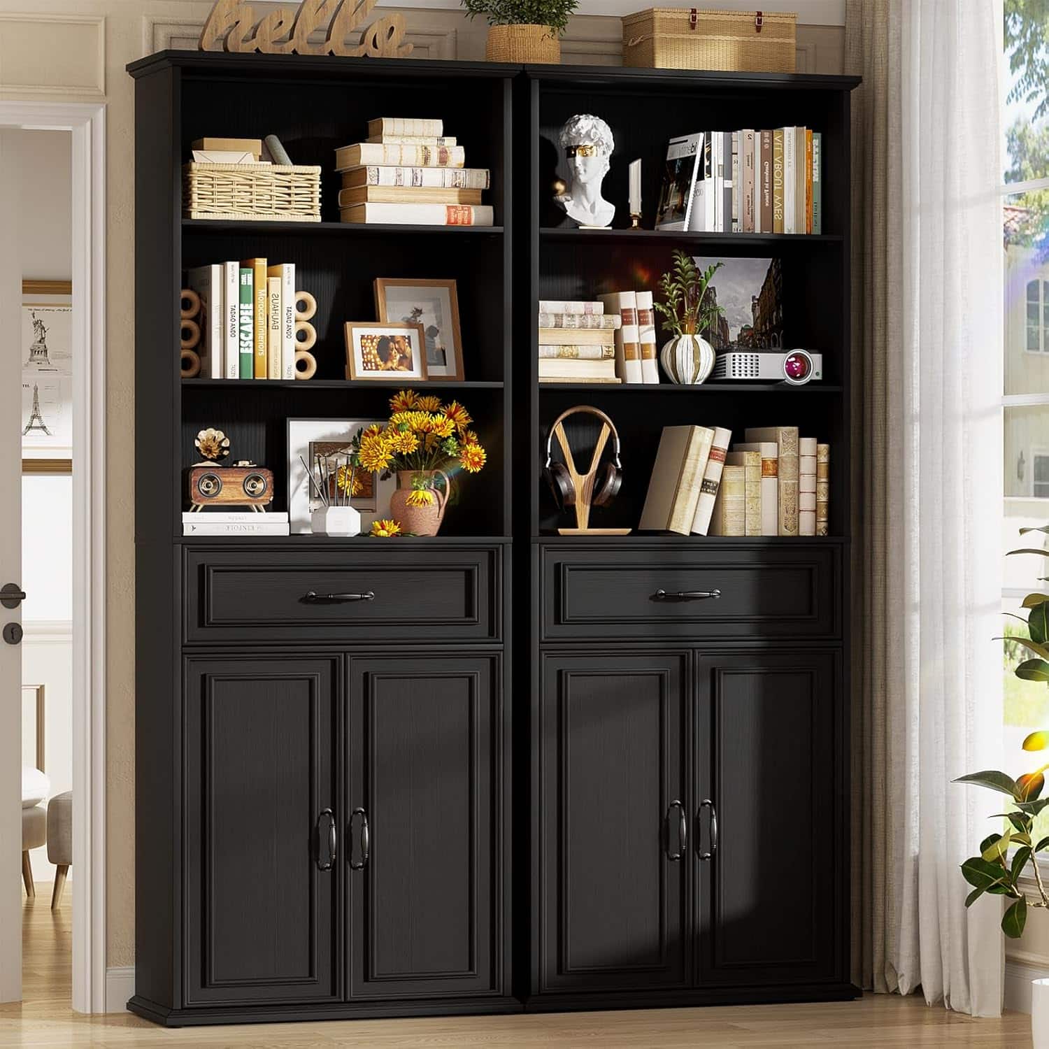 Aheaplus - 80'' Tall Bookcase with Drawer and Cabinet, Floor Standing Bookcase with 3-Tier Storage Shelves, 2-Piece Set - Black